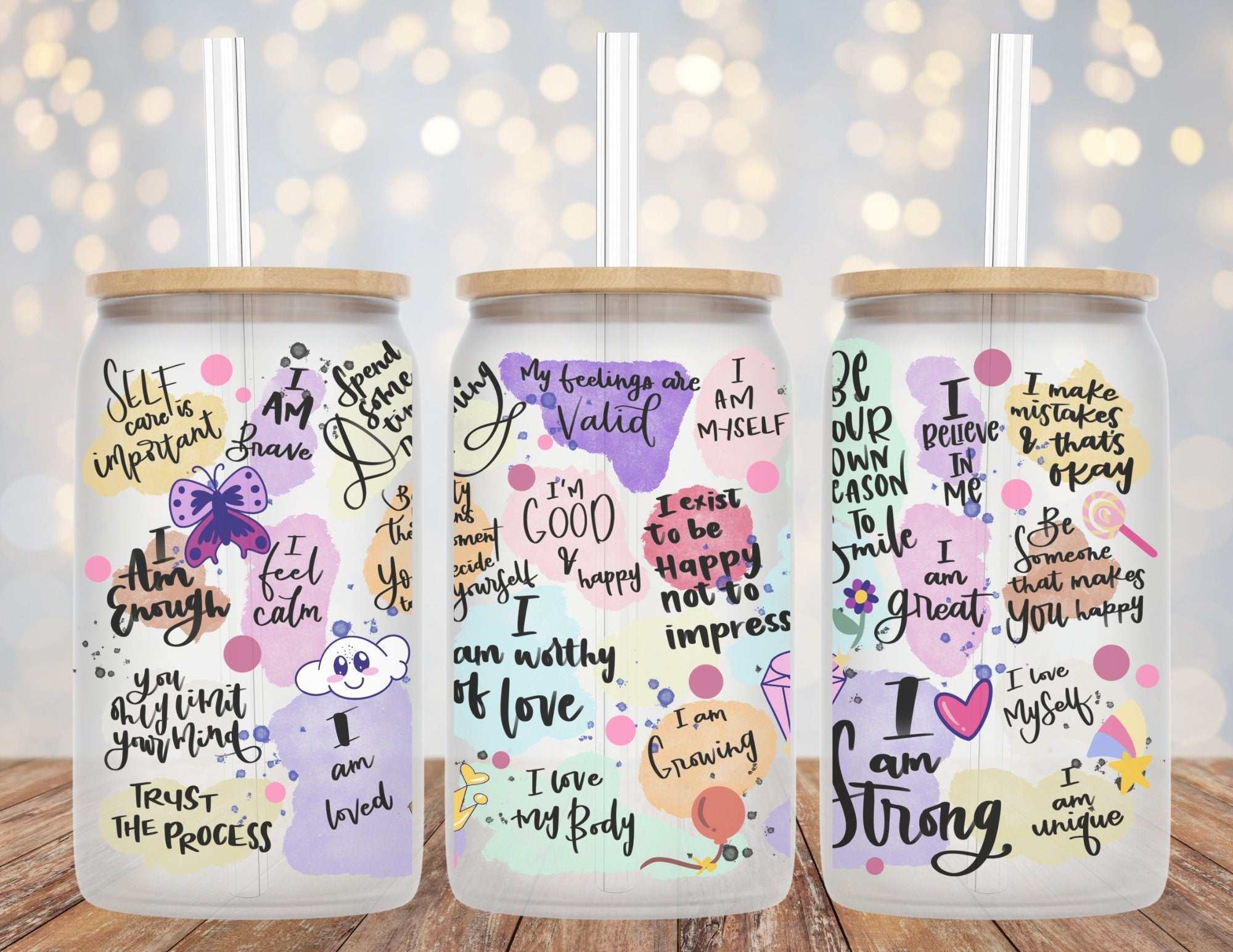 Mental Health Positive Affirmations on 16 oz Libby Glass Beer Can Cup with straw and lid options