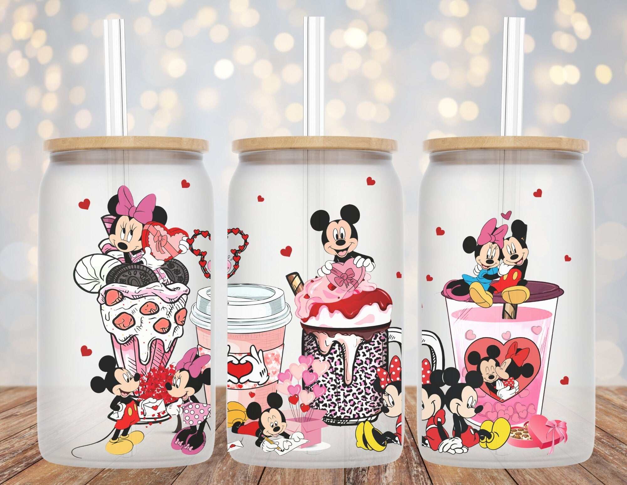 Mickey and Minnie inspired 16oz Libby glass beer can cup with hearts design and straw