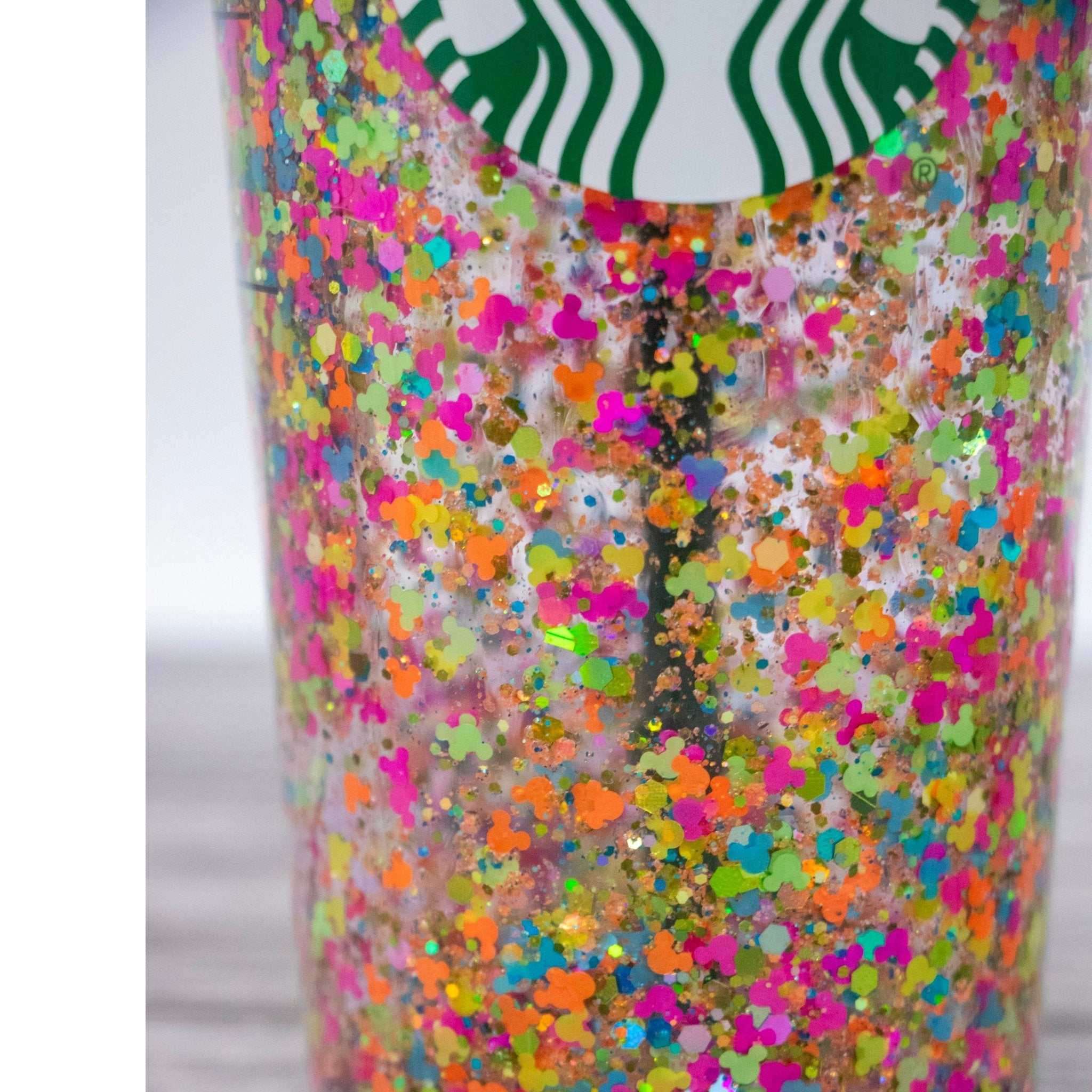 Starbucks Venti acrylic tumbler with Mickey shaped neon colors glitter snow globe and green straw
