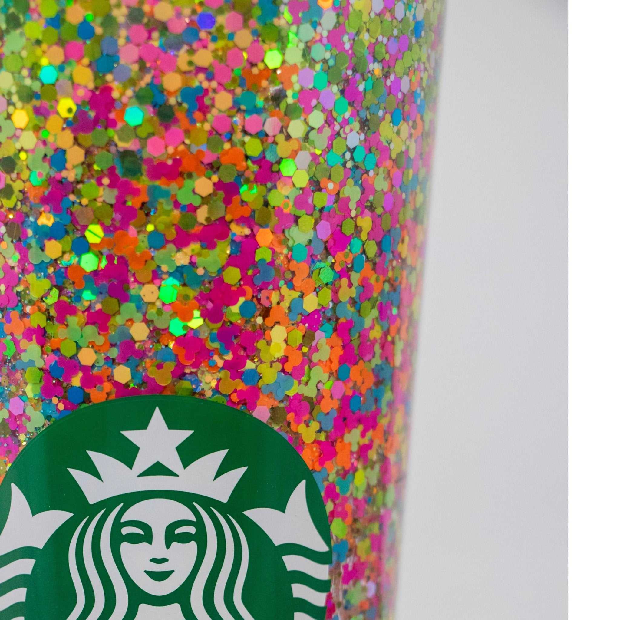 Starbucks Venti tumbler with Mickey shaped neon colors glitter suspended in acrylic snow globe liquid