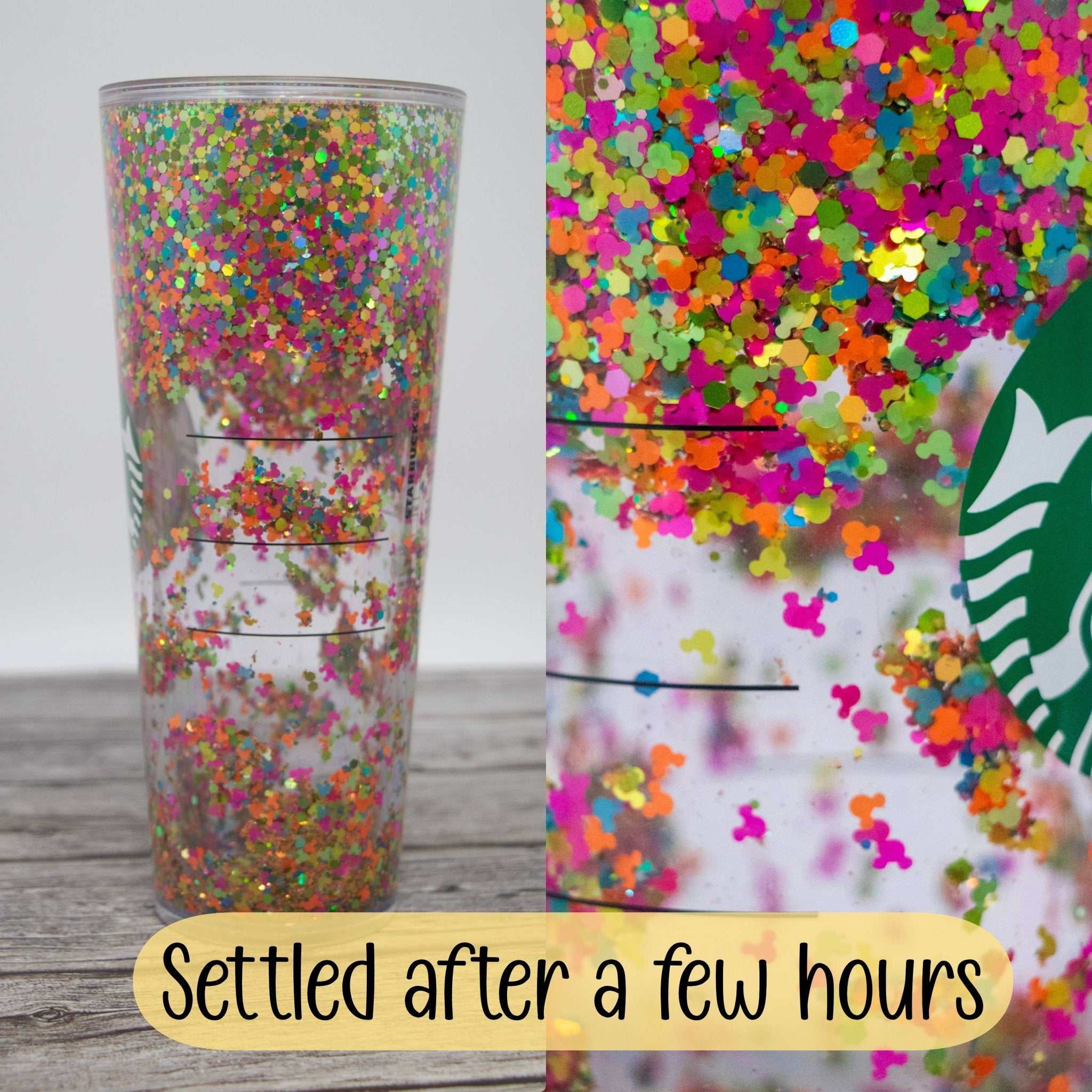 Starbucks Venti tumbler with Mickey shaped neon colors glitter snow globe design