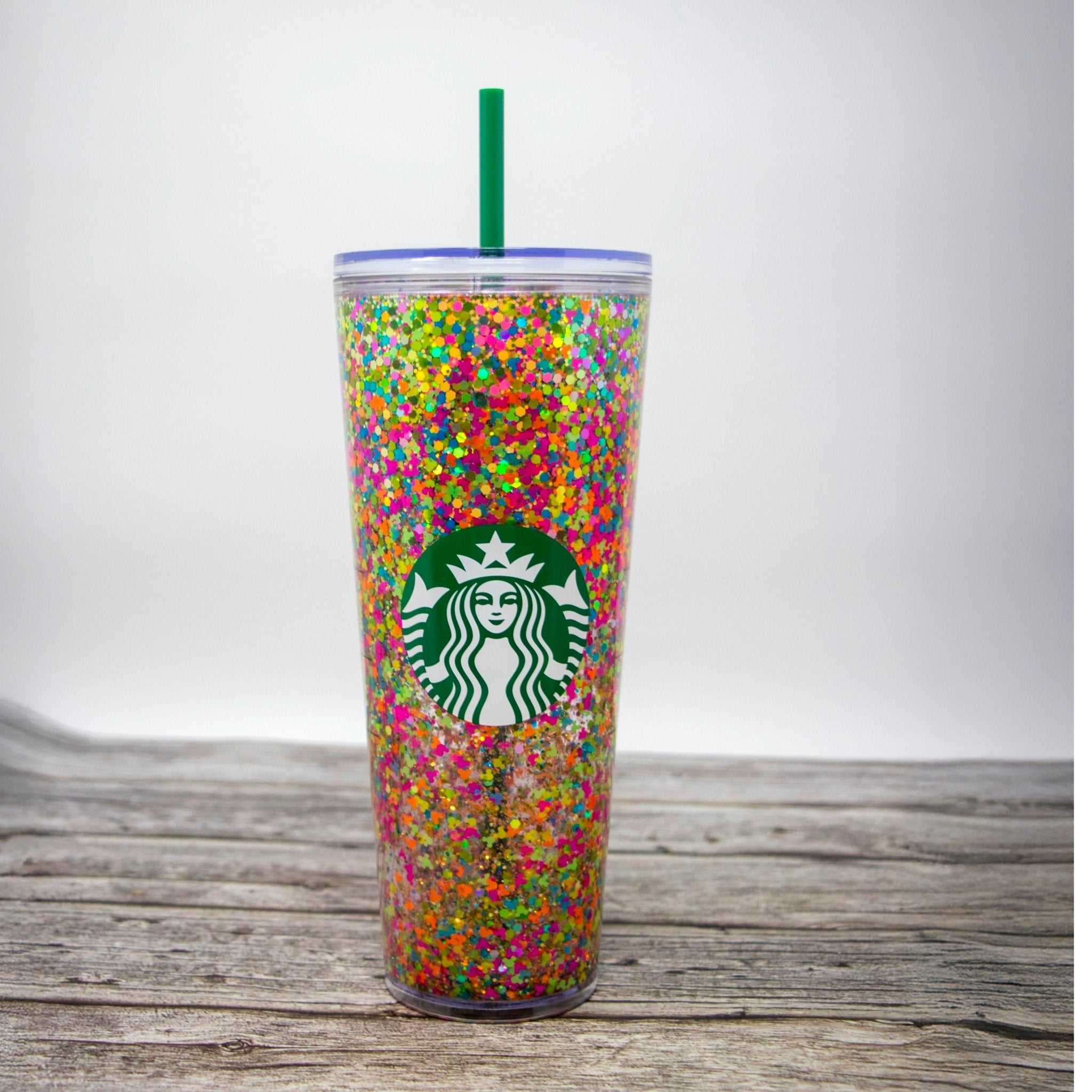 Starbucks Venti tumbler with Mickey shaped neon colors glitter snow globe design