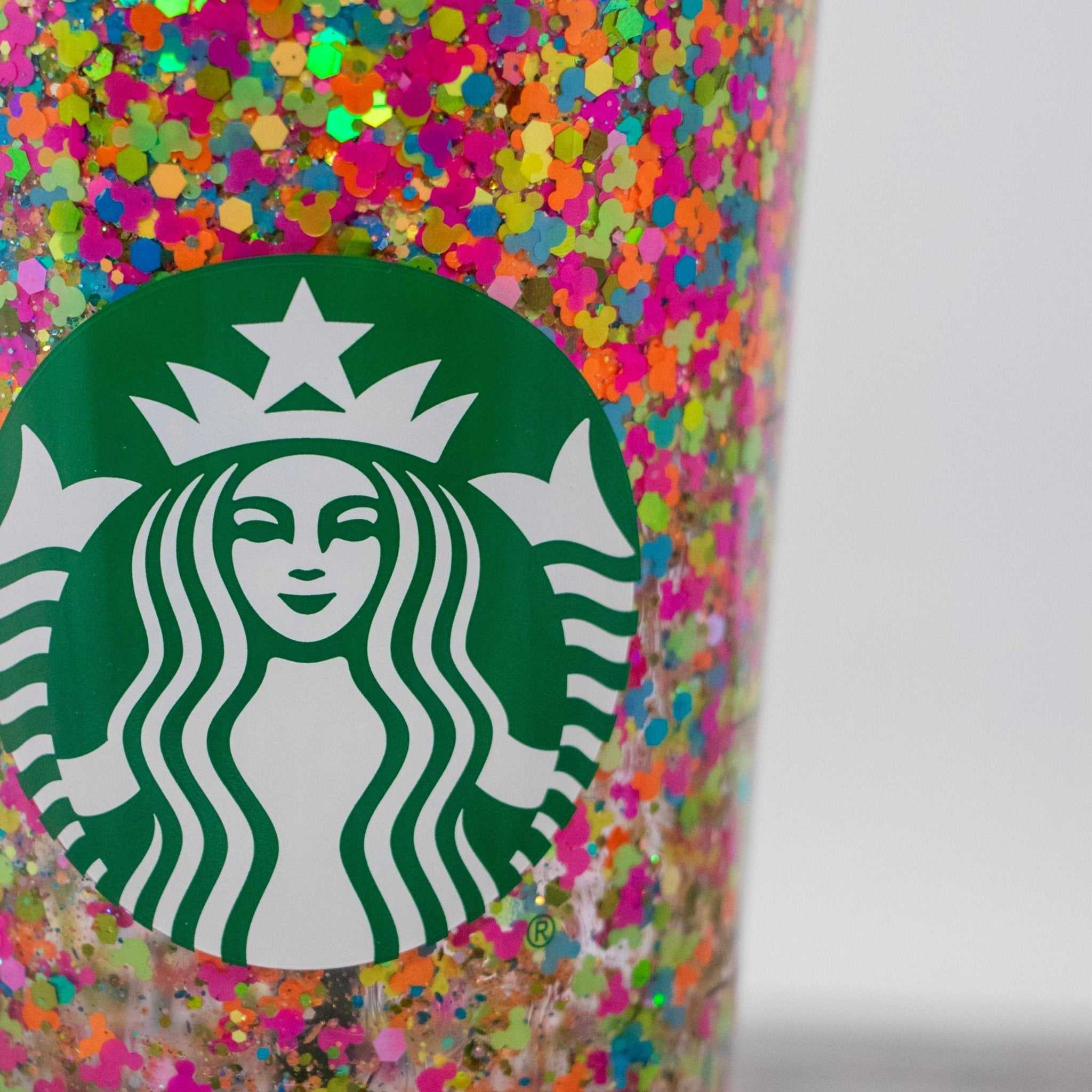 Starbucks Venti tumbler with Mickey shaped neon colored glitter snow globe design