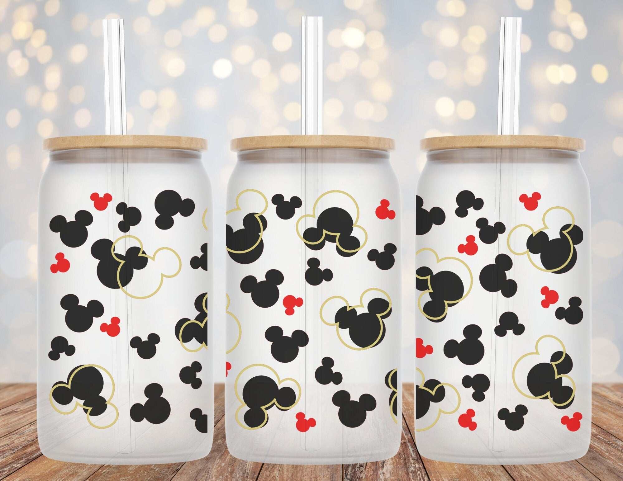 Mickey Shapes Libby Glass 16oz beer can cup with sublimated design and matching lids