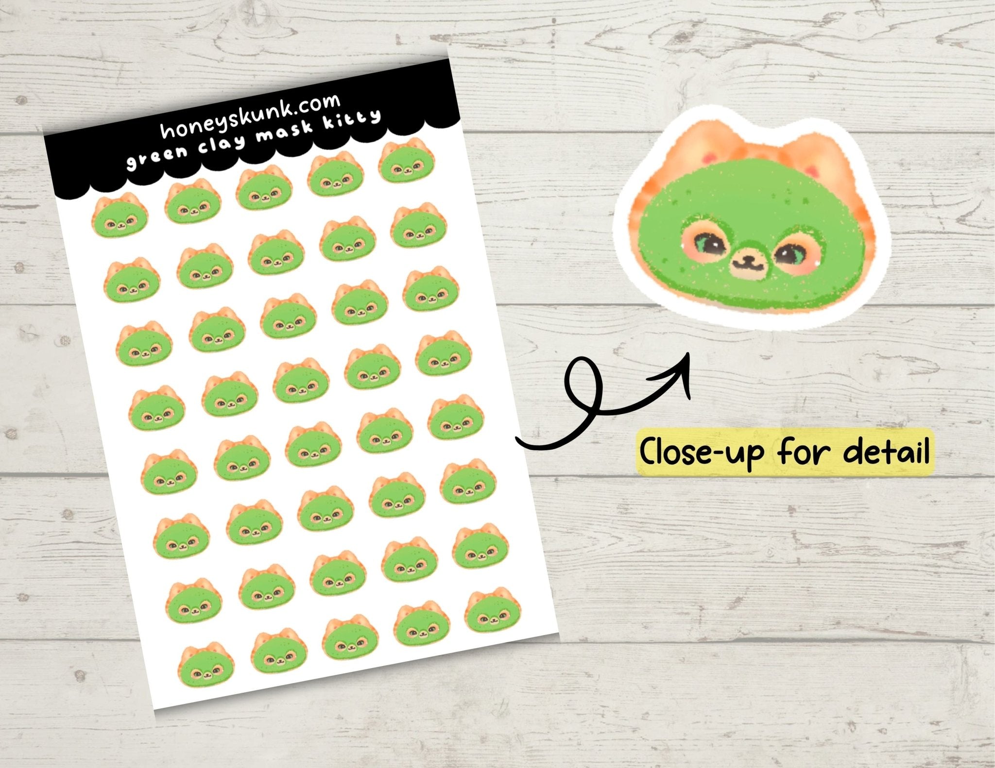 Mini Green Clay Mask Kitty Functional Sticker Sheet | Skincare Mud Mask Icons for Bullet Journaling, Planners & Wellness Logs