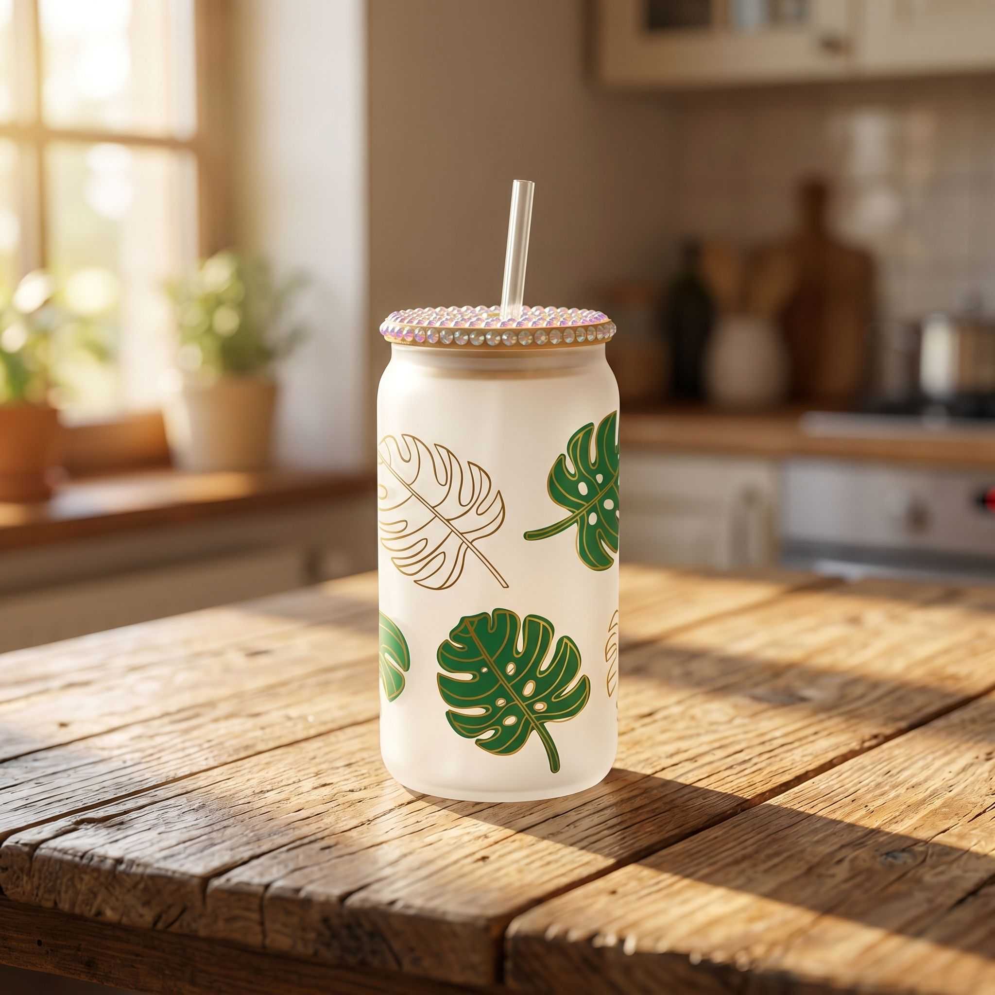 16 oz glass beer can cup with monstera leaf design on wooden table in natural daylight, showcasing texture and style.