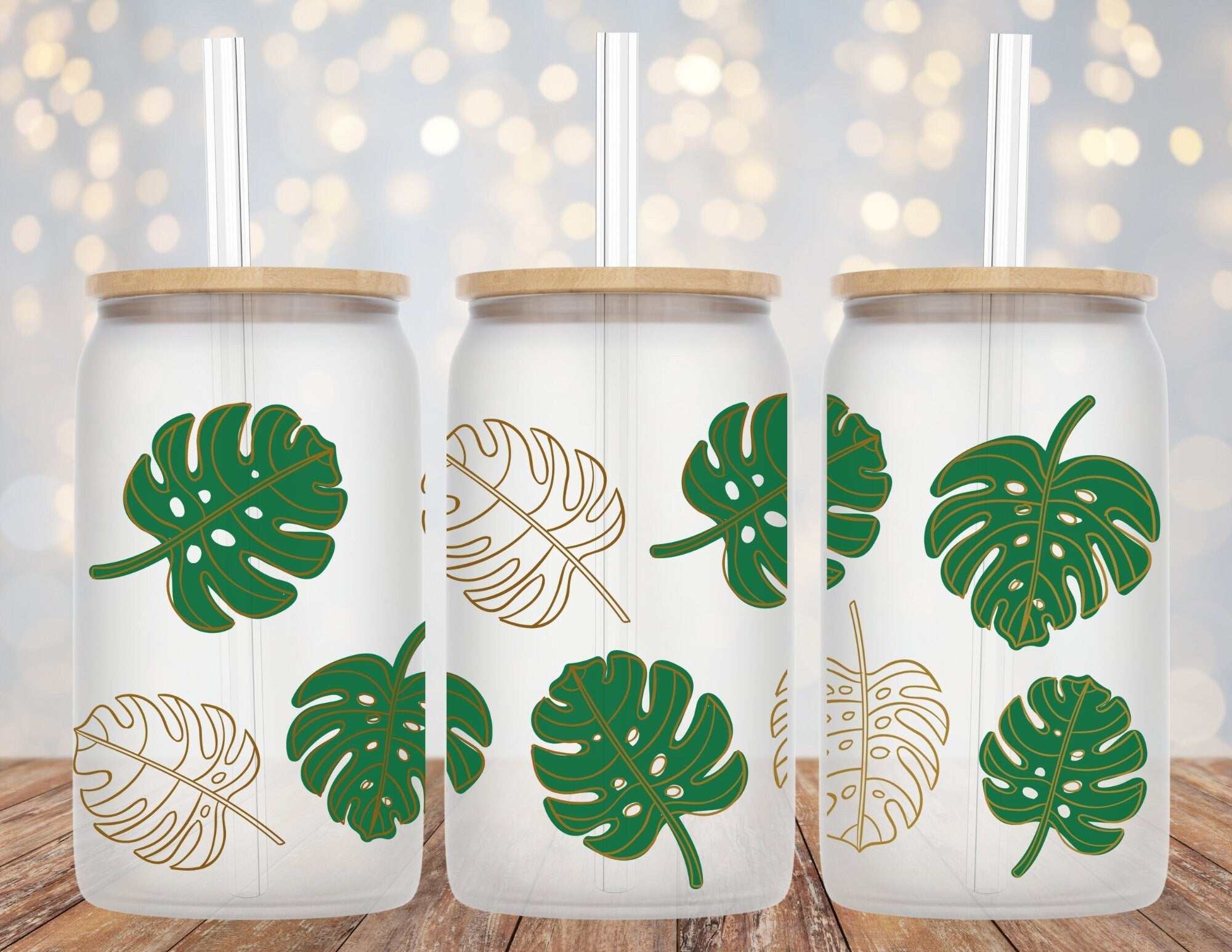 16oz Libby glass beer can cup with Monstera Leaves design and straw