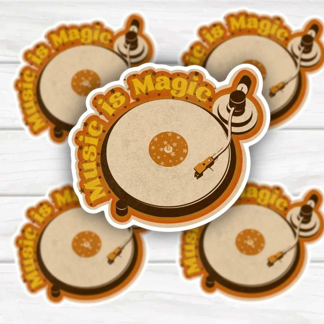 Music Is Magic retro record player sticker with bold, clean design and durable finish
