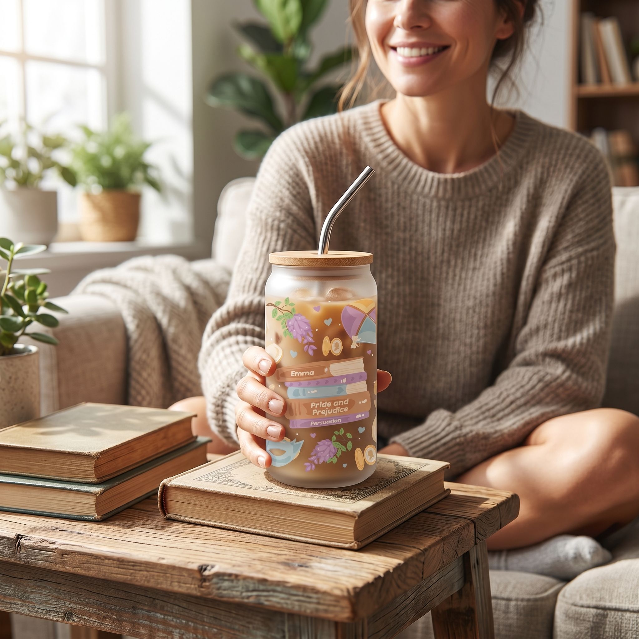Clear 16 oz Libby glass beer can cup with sublimated design on rustic surface in a relaxed indoor setting.