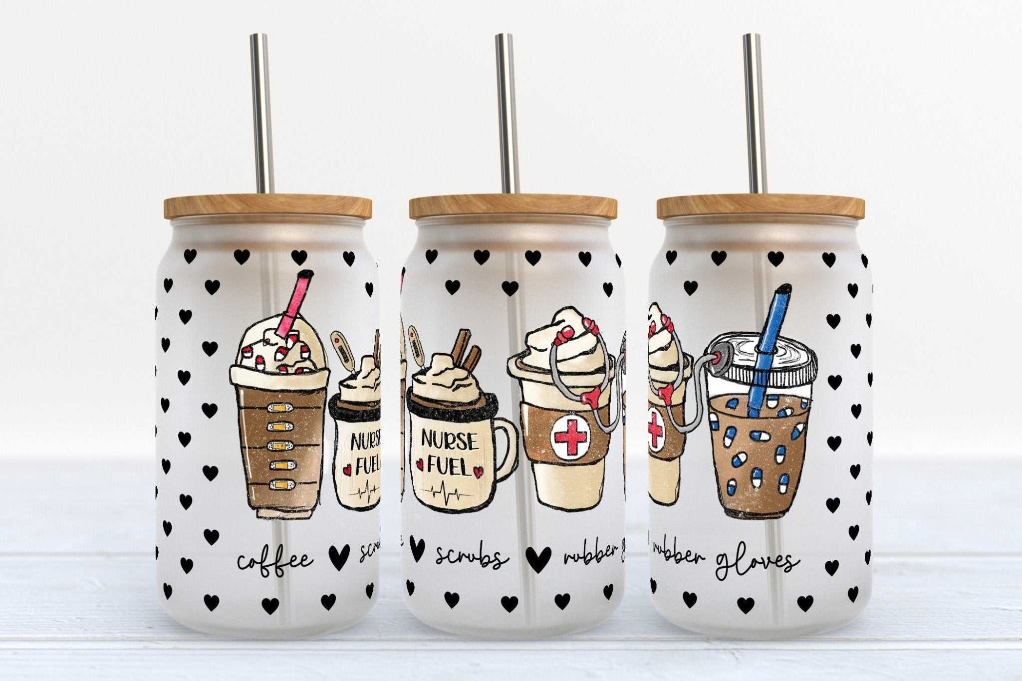 Nurse Fuel Coffee Lover 16oz glass beer can cup with straw and bamboo lid options