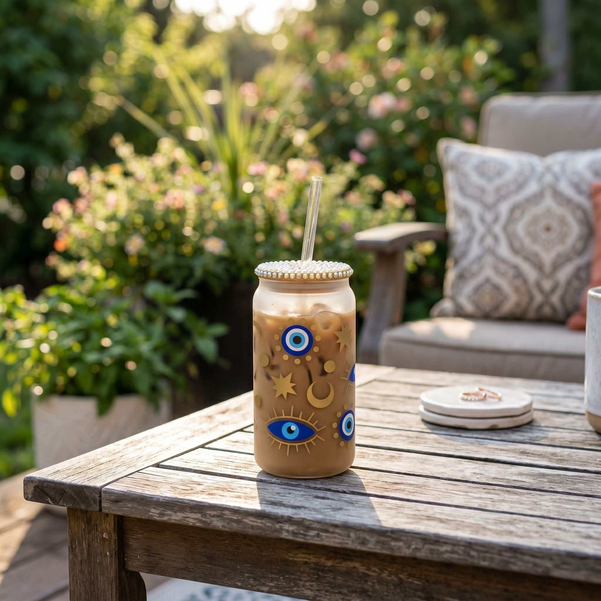 Full-body shot of a small Libby glass tumbler on an outdoor patio table with greenery, highlighting cheerful vibe and beverage view.