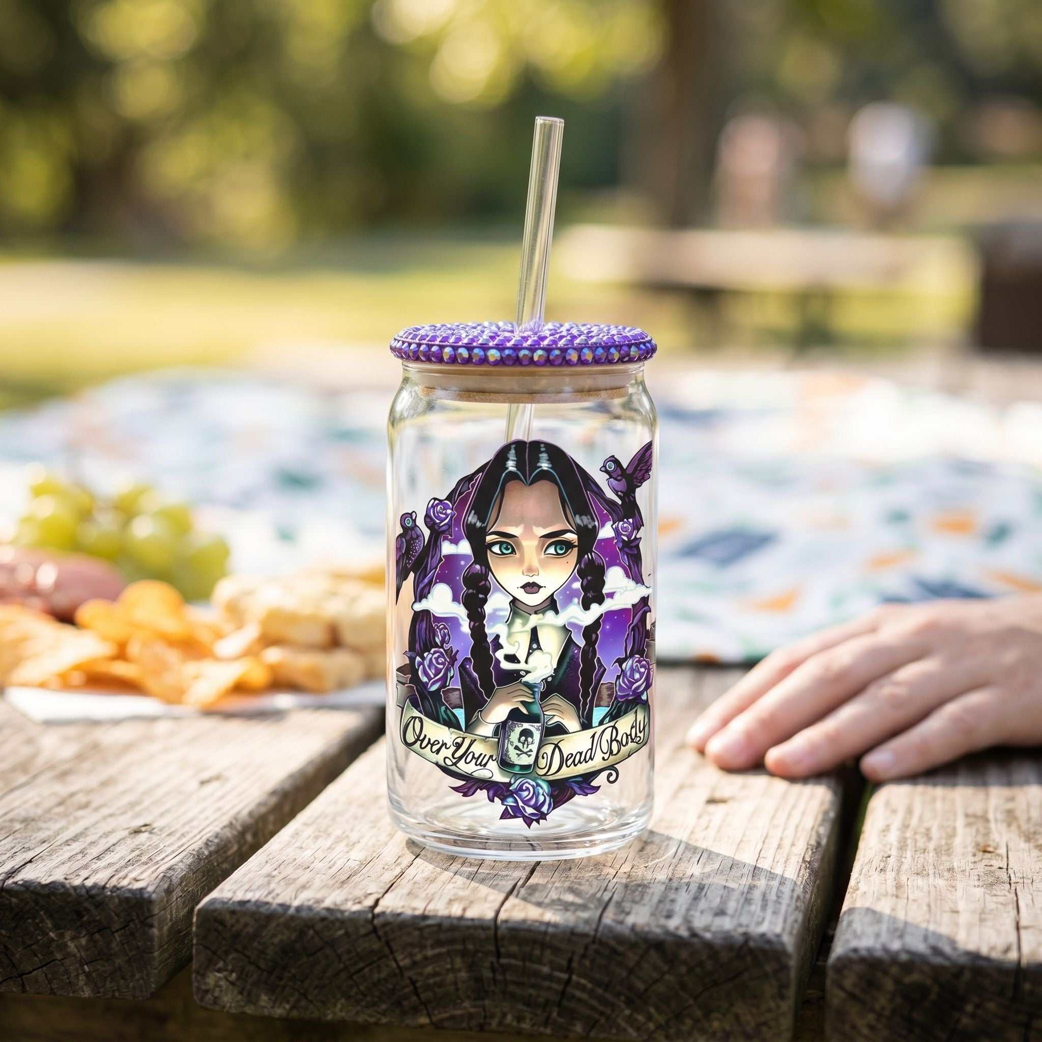 Petite 16 oz Libby glass with sublimated design on picnic table, outdoor natural sunlight, relaxed happy vibe