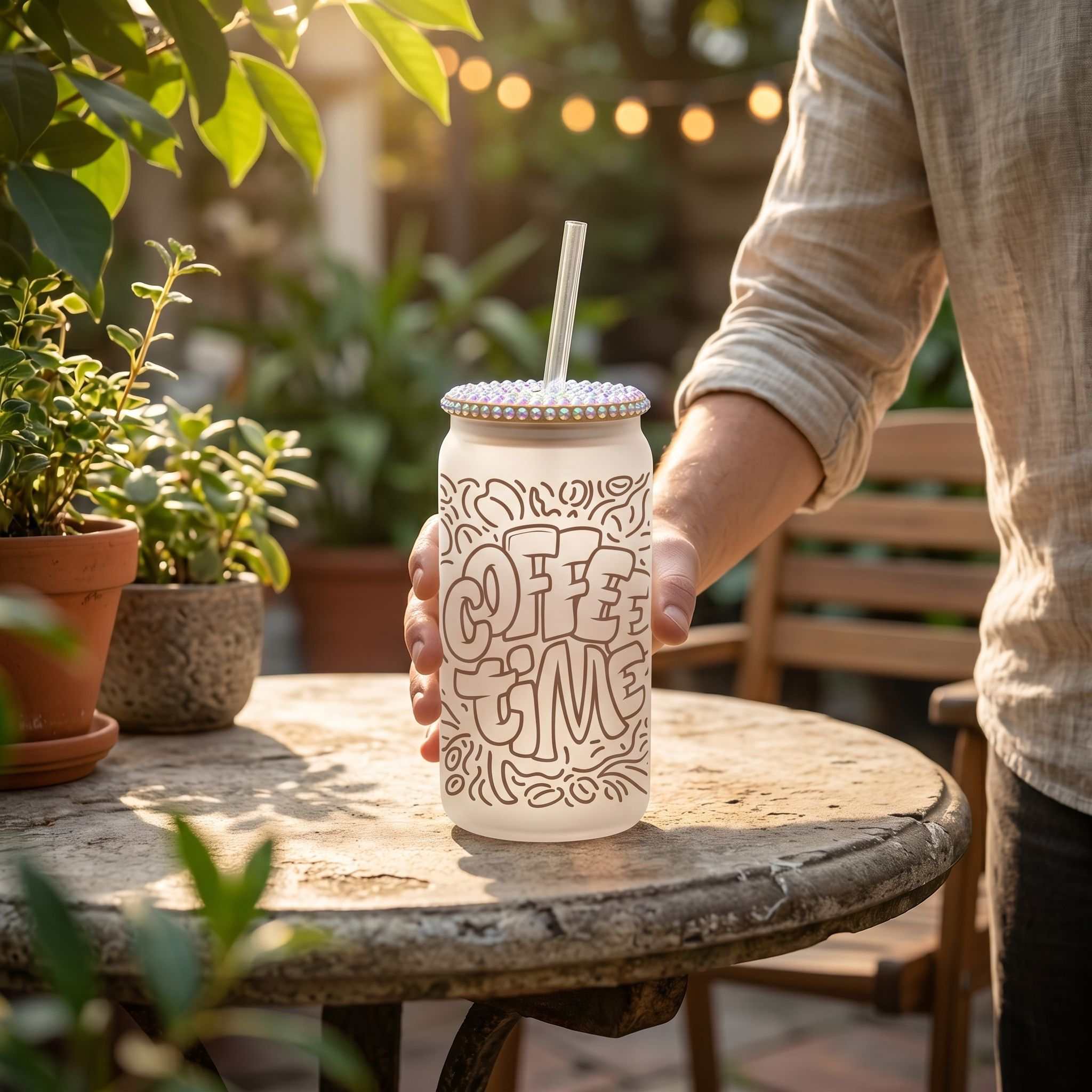 Small 16 oz Libby glass with bamboo lid on stone table in outdoor patio with greenery.