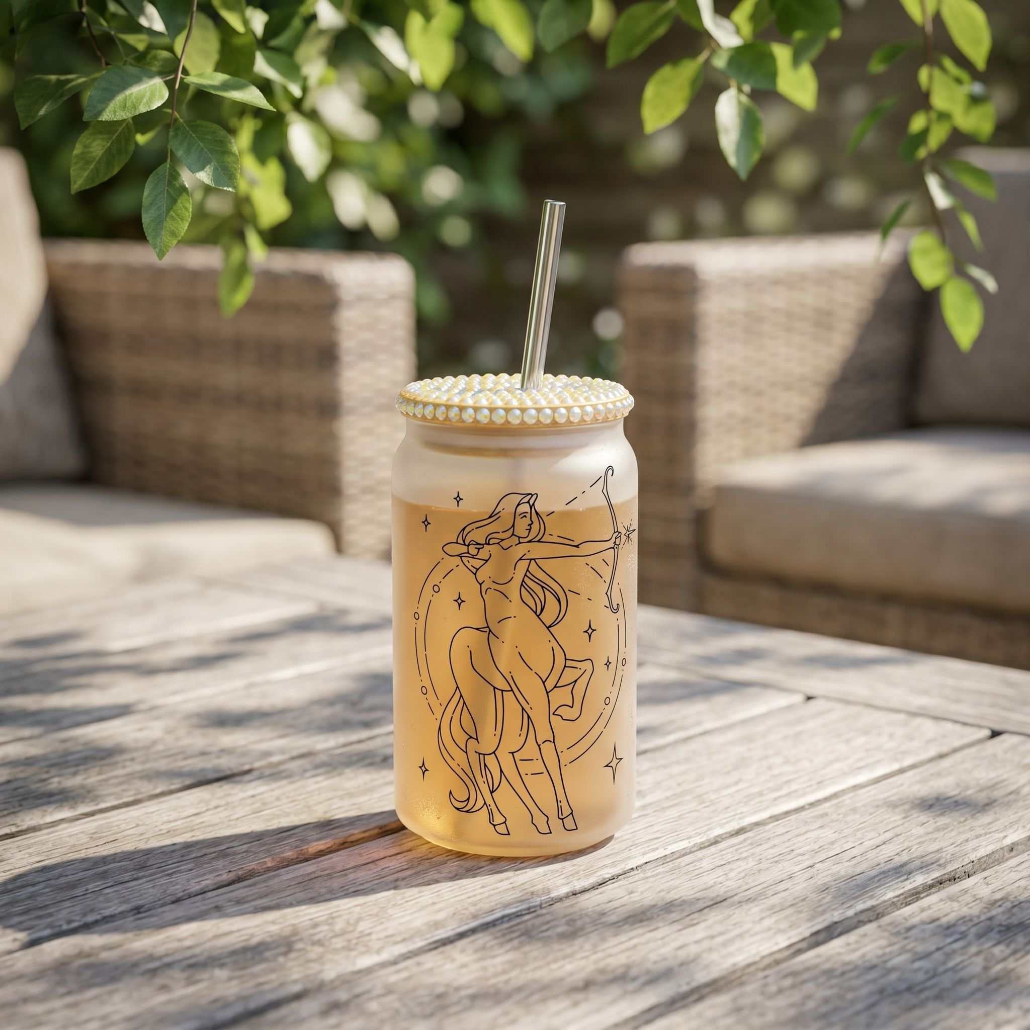 Sagittarius Zodiac astrology design on 16oz Libby glass beer can cup with straw and optional lids