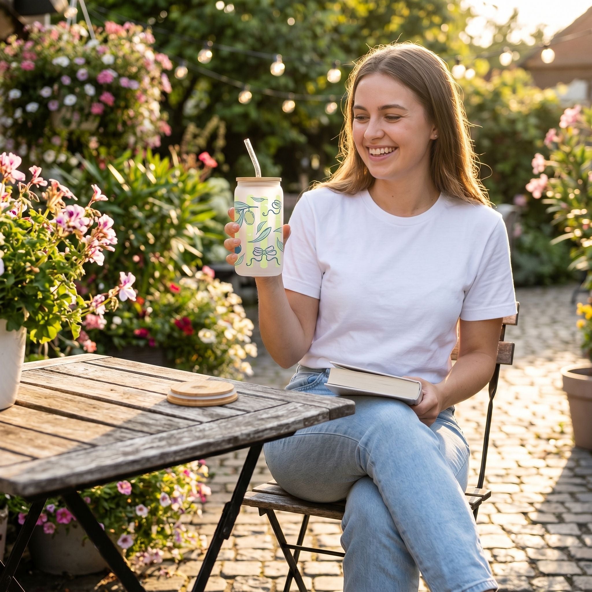 Full-body scene of 16oz Libby beer can cup with bamboo lid on outdoor patio table, surrounded by nature and relaxed outdoor vibe.