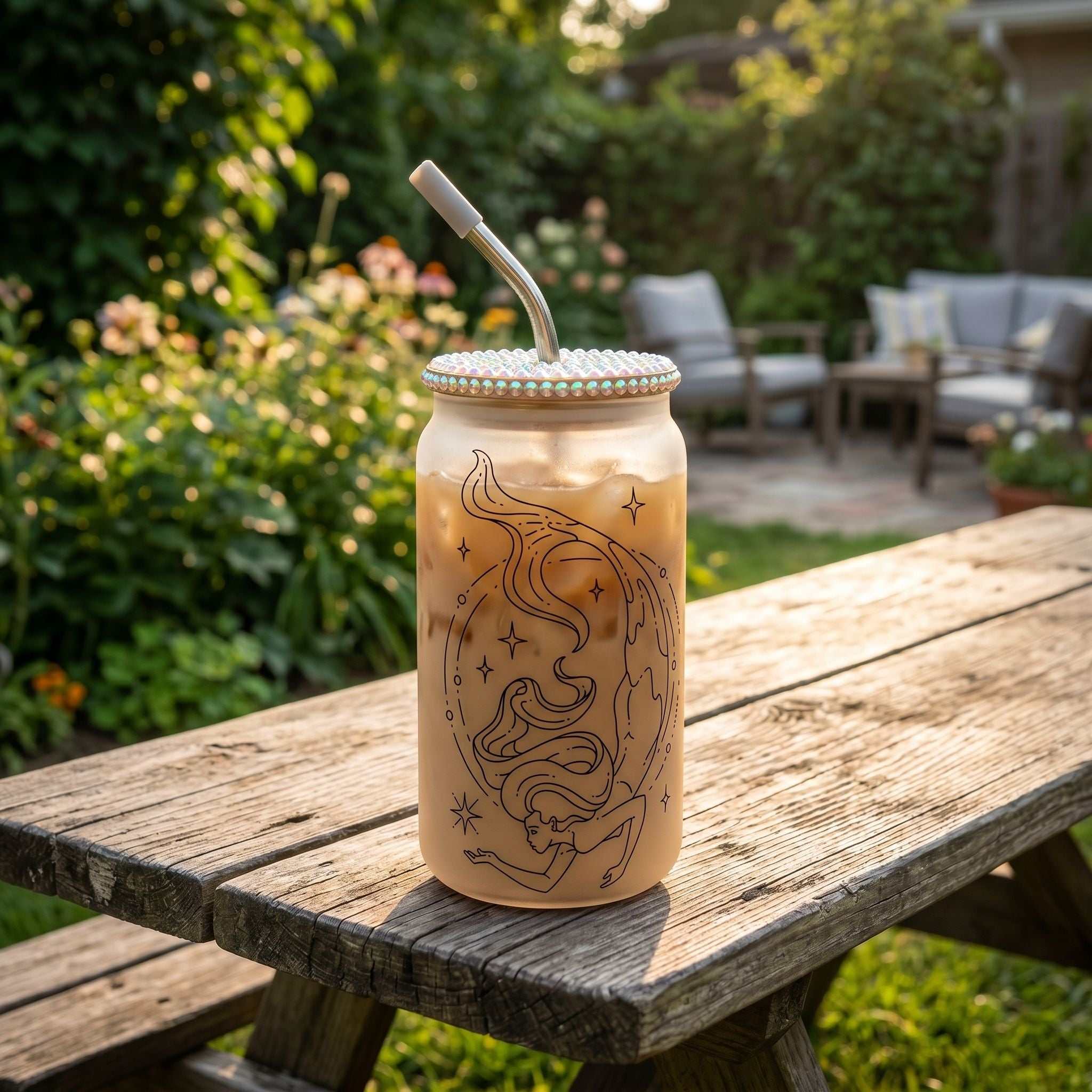 Full-body view of 16oz Pisces zodiac Libby glass on rustic outdoor table during golden hour, filled with beverage and matching straw.