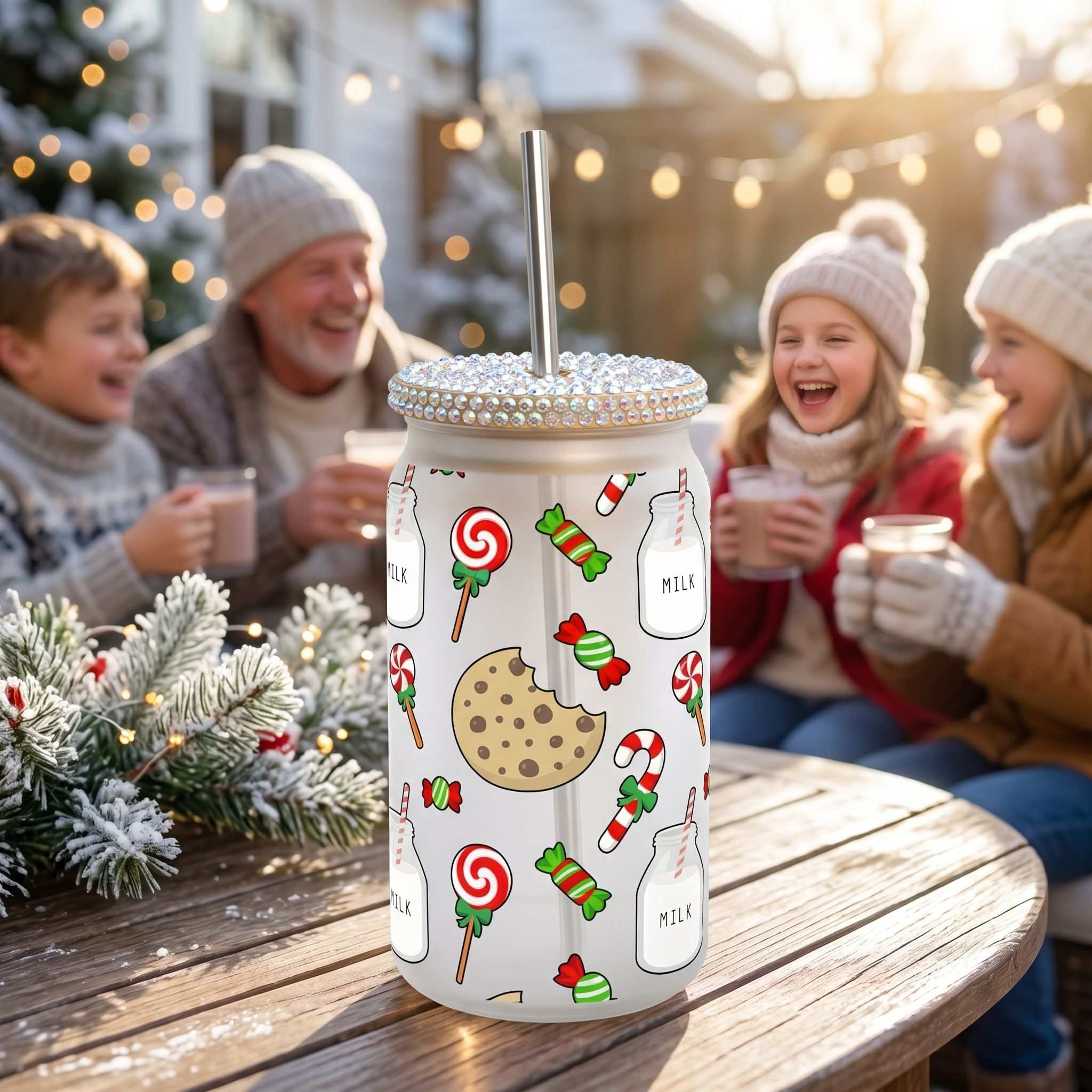 Side-angle view of the Christmas Cookies and Milk For Santa glass with bamboo lid and straw outdoors on a sunny winter day.