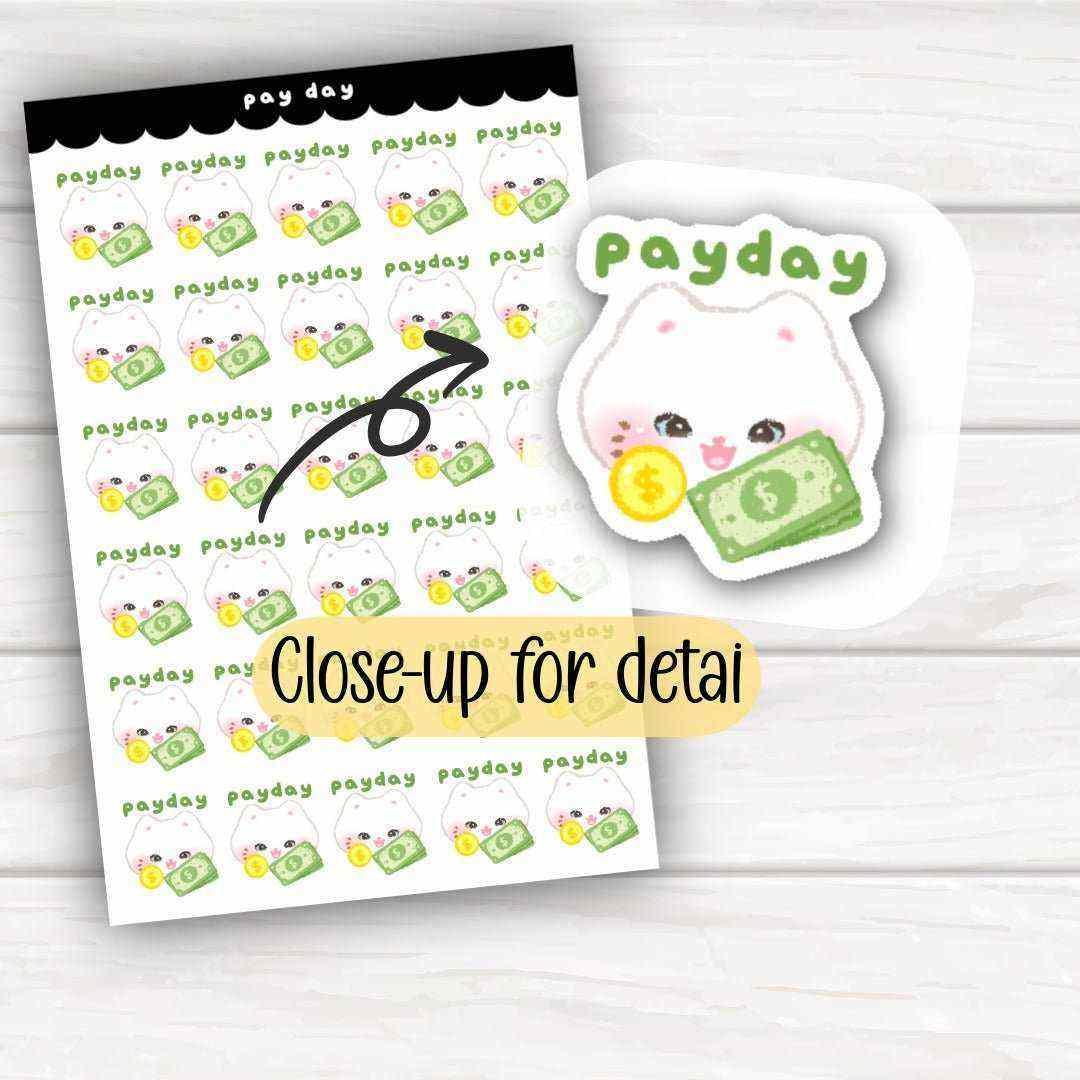 Pay Day Kitty planner sticker sheet with cute kitty holding cash for budgeting and financial tracking