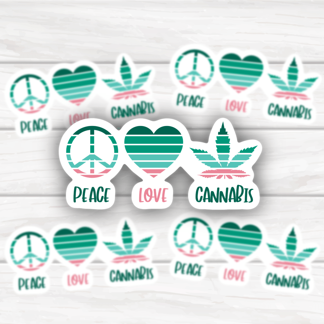 Peace Love Cannabis Sticker with bold design and durable finish