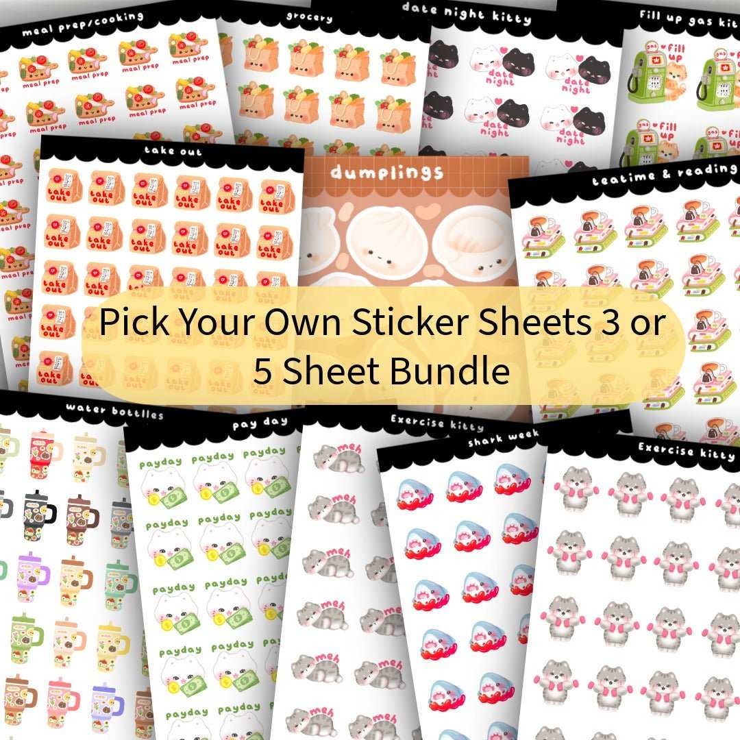 Customizable Pick Your Own Pack sticker sheets bundle with exercise, foodie, and finance icons in gloss or holographic finish