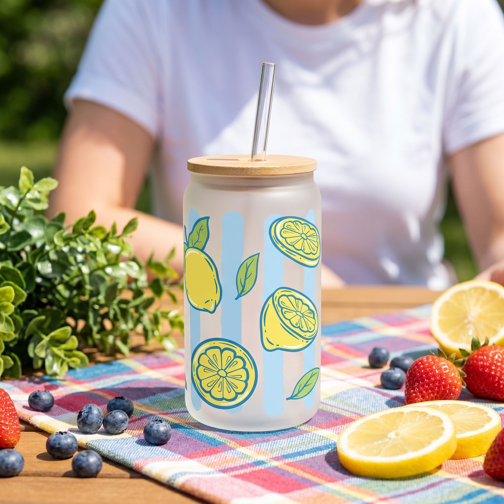Vibrant 16oz glass beer can cup with lemon and blue stripes on a picnic table surrounded by summer fruits, joyful outdoor setting.