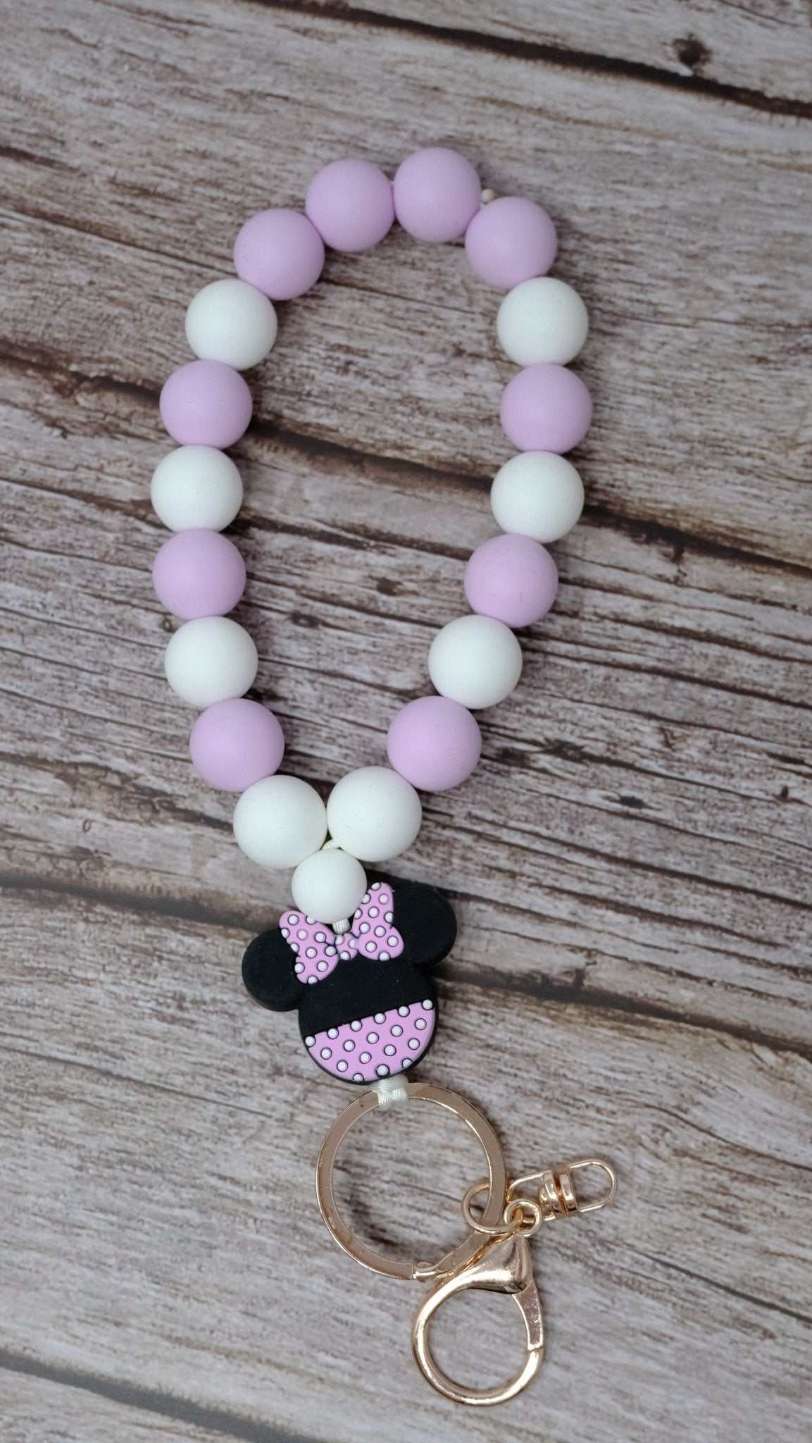 Pink and white Minnie Mouse inspired silicone beaded wristlet keychain with rose gold clasp