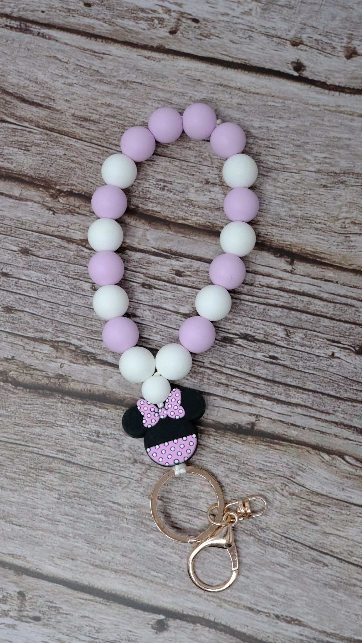 Pink and white Minnie Mouse inspired silicone beaded wristlet keychain with rose gold clasp
