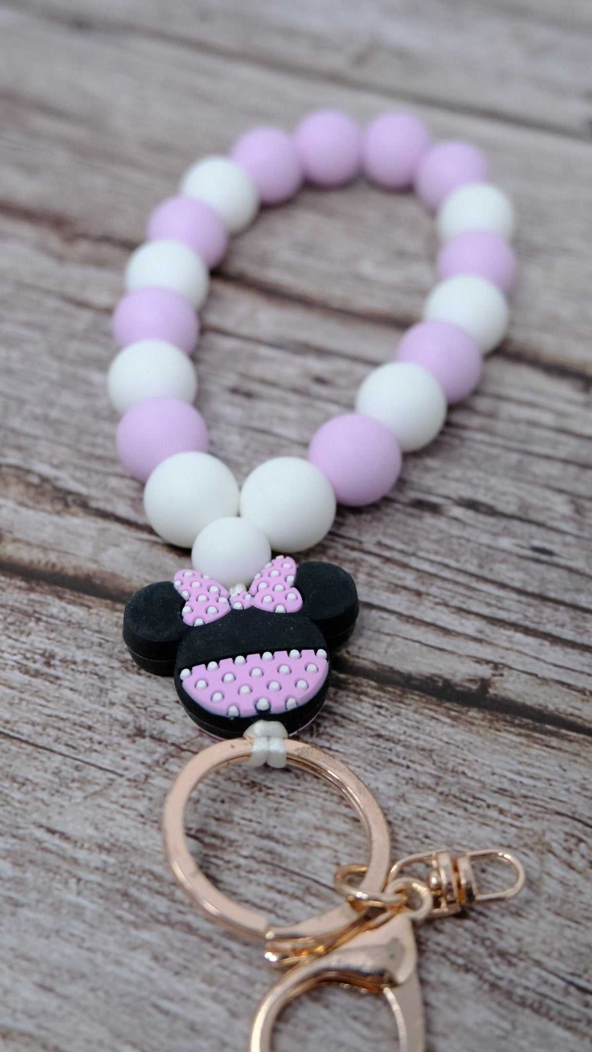Pink and white Minnie Mouse inspired silicone beaded wristlet keychain with rose gold clasp