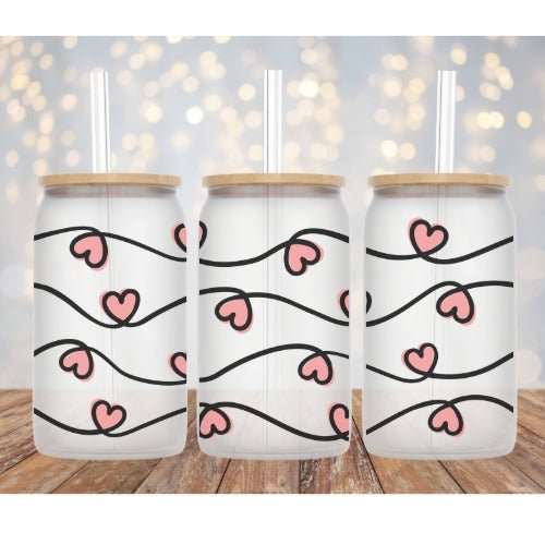 16oz Pink Hearts Libby Glass beer can style cup with straw and bamboo lid options