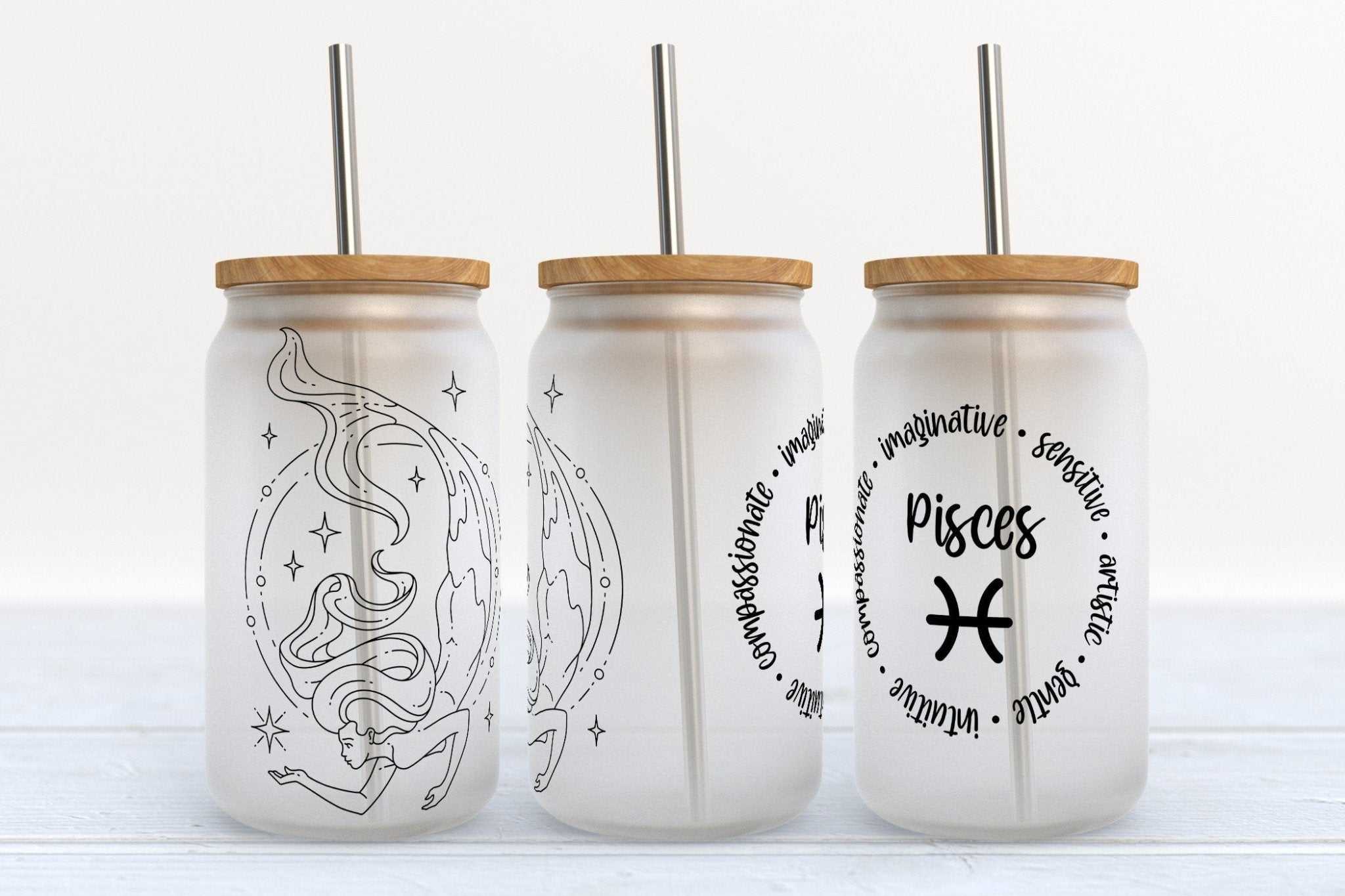 Pisces zodiac astrology stars design on 16oz Libby glass beer can cup with straw