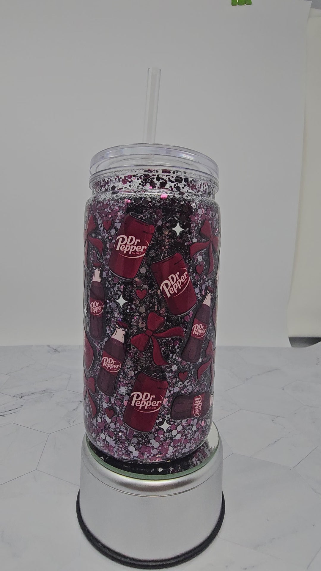 Adorable Dr. Pepper and Bows Acrylic Snow Globe 16 oz Tumbler