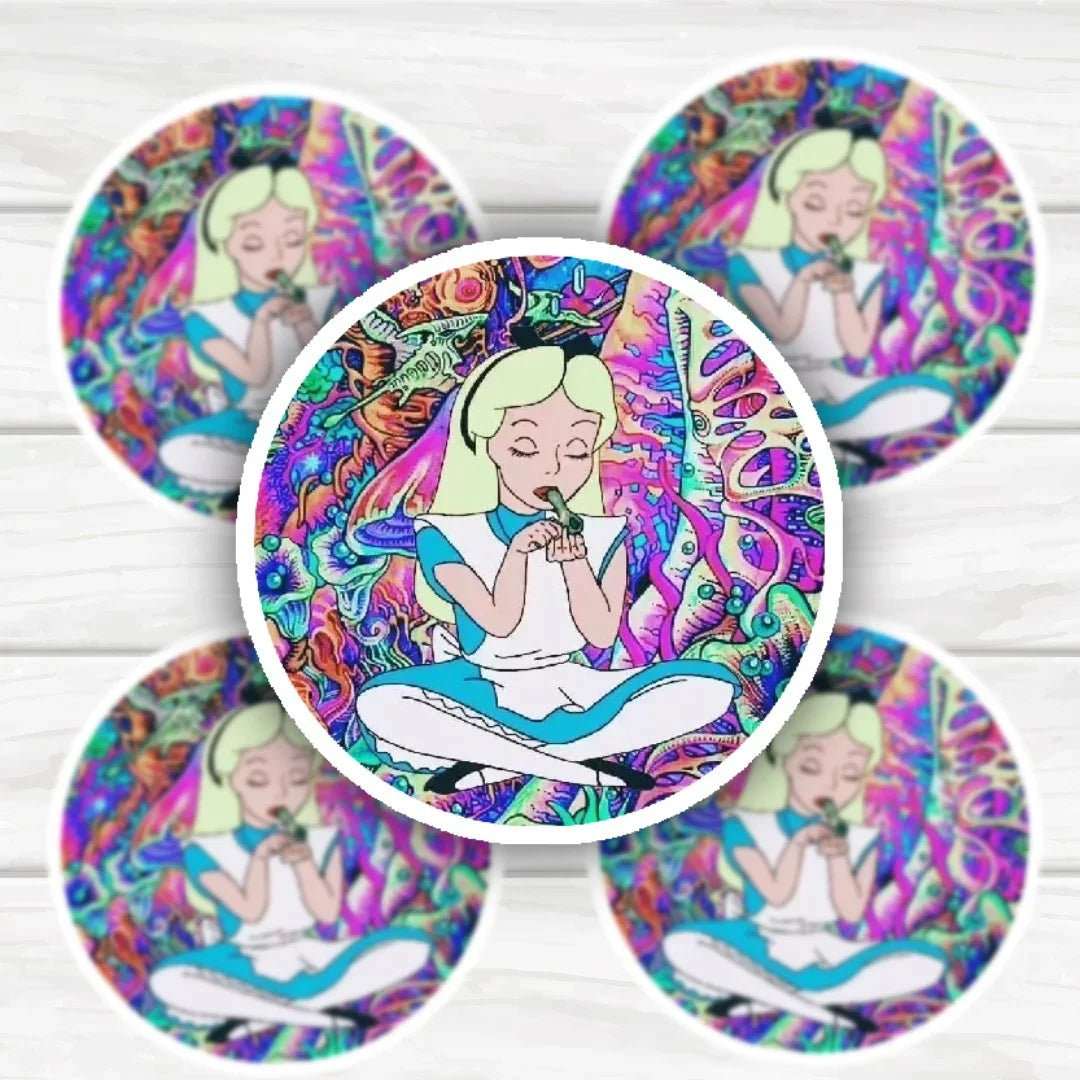 Psychedelic Alice smoking weed sticker with bold, colorful design and durable finish