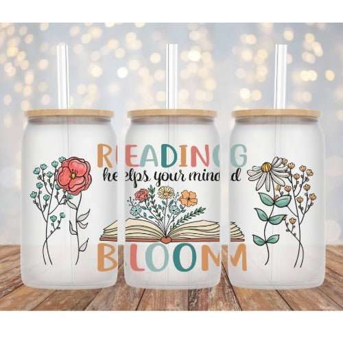 Book Lover Glass Libby Cup with Reading Helps Your Mind Bloom design and straw