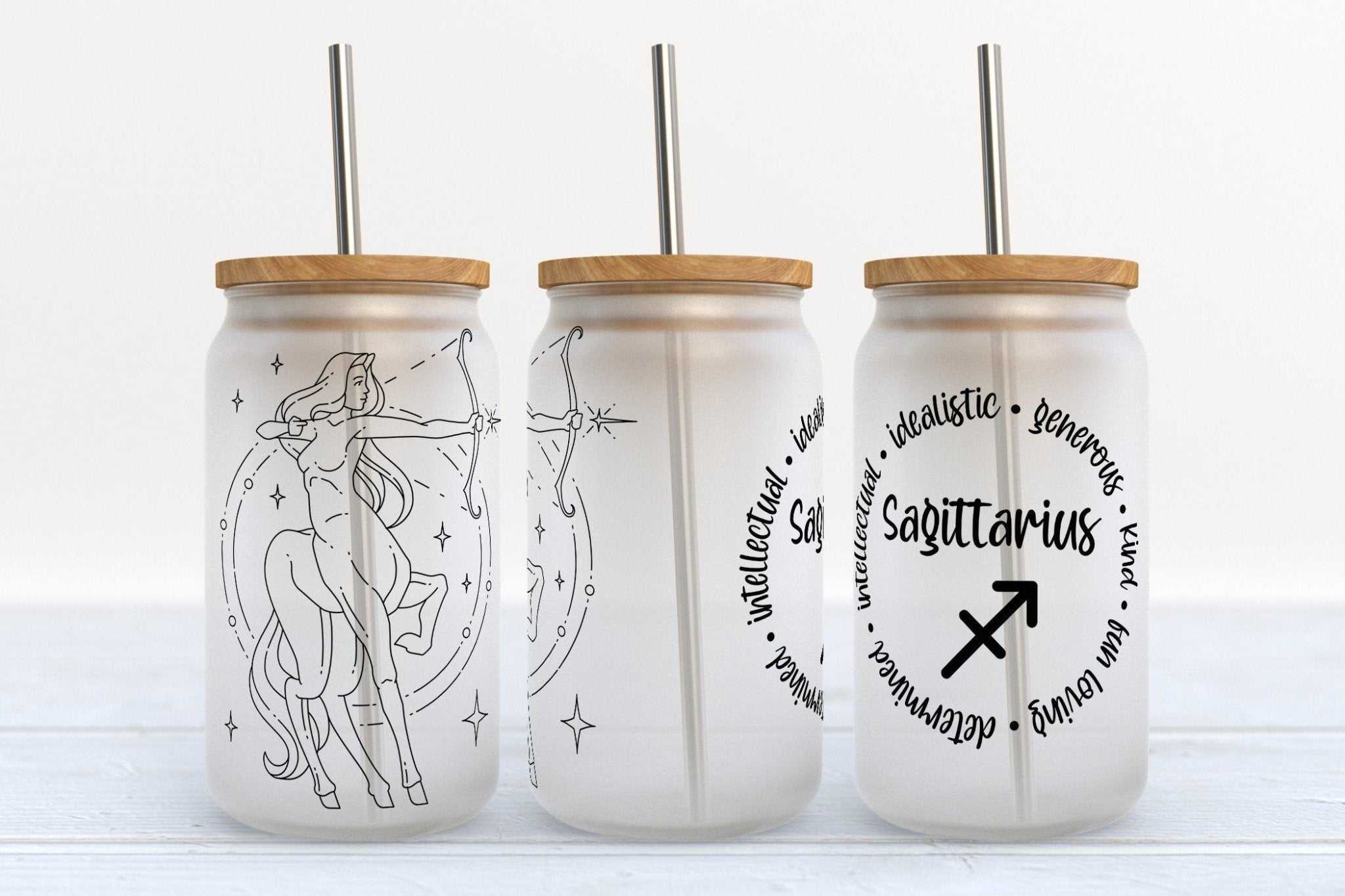 Sagittarius Zodiac astrology stars design on 16oz Libby glass beer can cup with straw and bamboo lid options