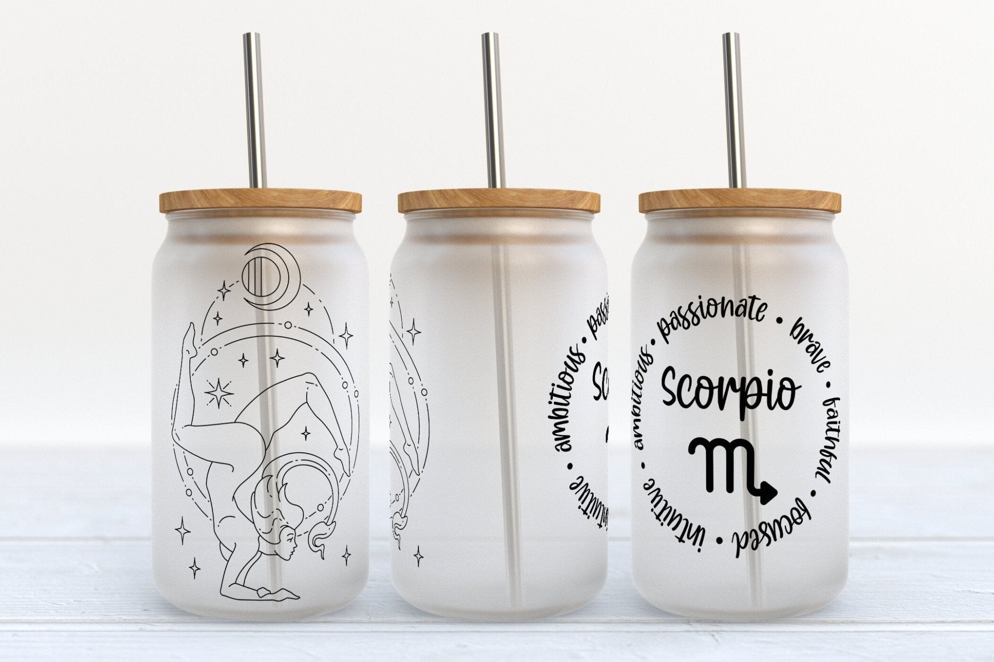 Scorpio Zodiac astrology stars design on 16oz Libby glass beer can cup with straw