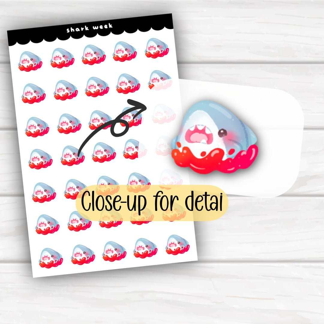 Kawaii bloody shark stickers for Shark Week planner tracking on 4x6 sheet
