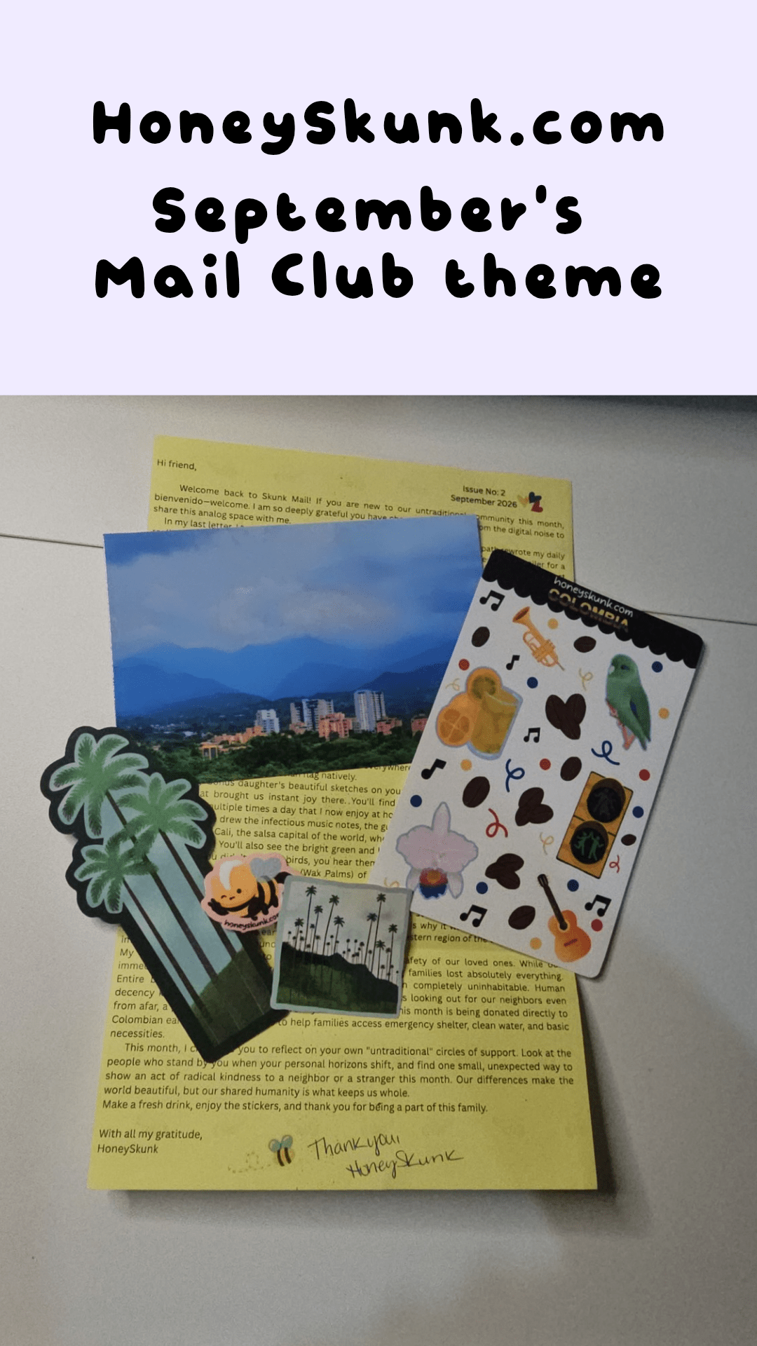 Skunk Mail Club — Monthly Art & Stationery Subscription Snail Mail | Hand-Drawn Stickers, Photo Postcard Print, Bookmark & Artist Letter - HoneySkunk