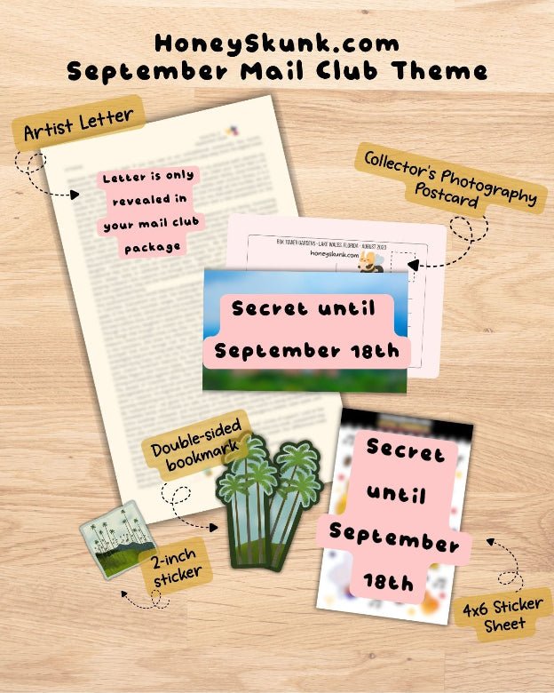 Skunk Mail Club — Monthly Art & Stationery Subscription Snail Mail | Hand-Drawn Stickers, Photo Postcard Print, Bookmark & Artist Letter - HoneySkunk