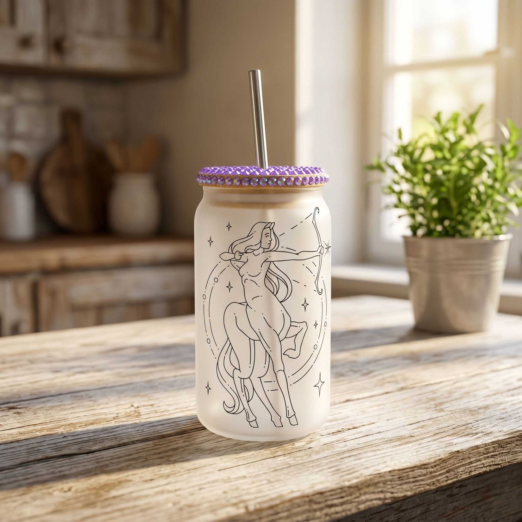 Small Sagittarius zodiac Libby glass beer can cup with sublimated star design on wooden surface in cozy kitchen setting.