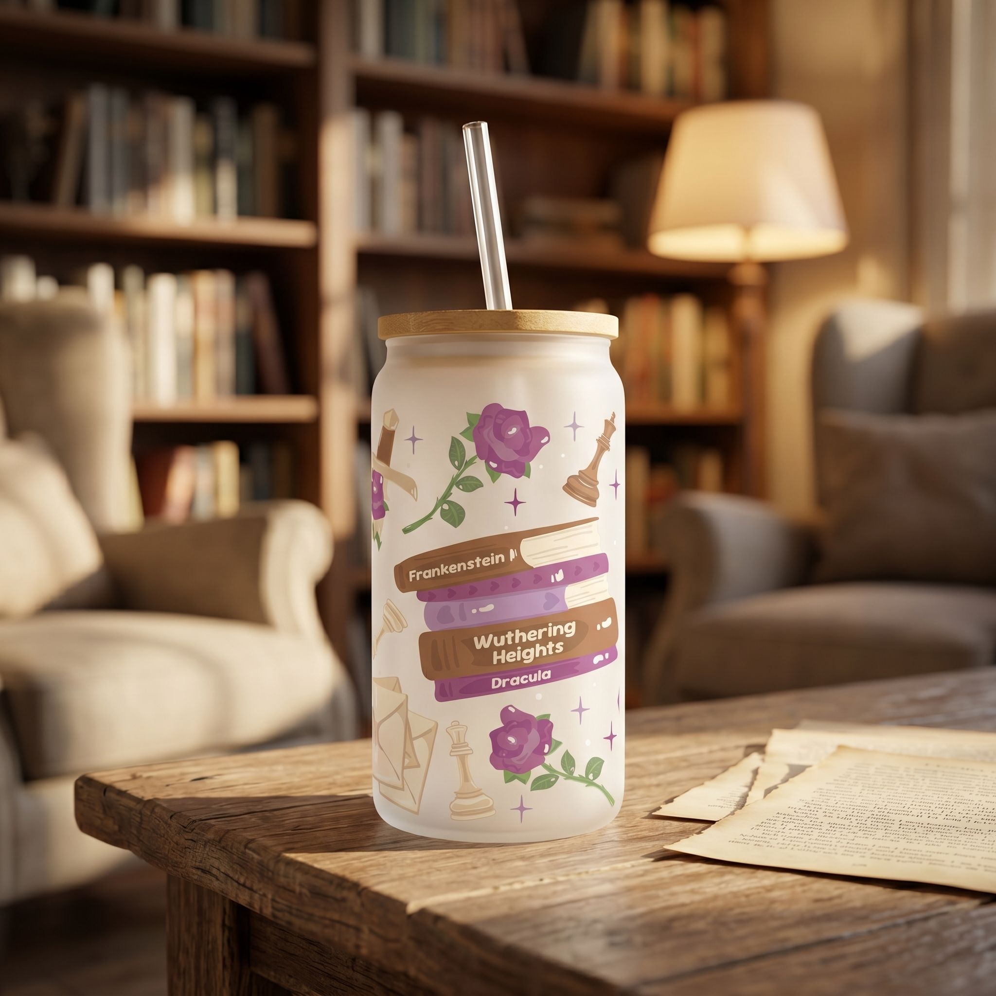 16oz whimsical Libby glass beer can cup with sublimated design, resting on a rustic wooden table in a cozy reading nook.