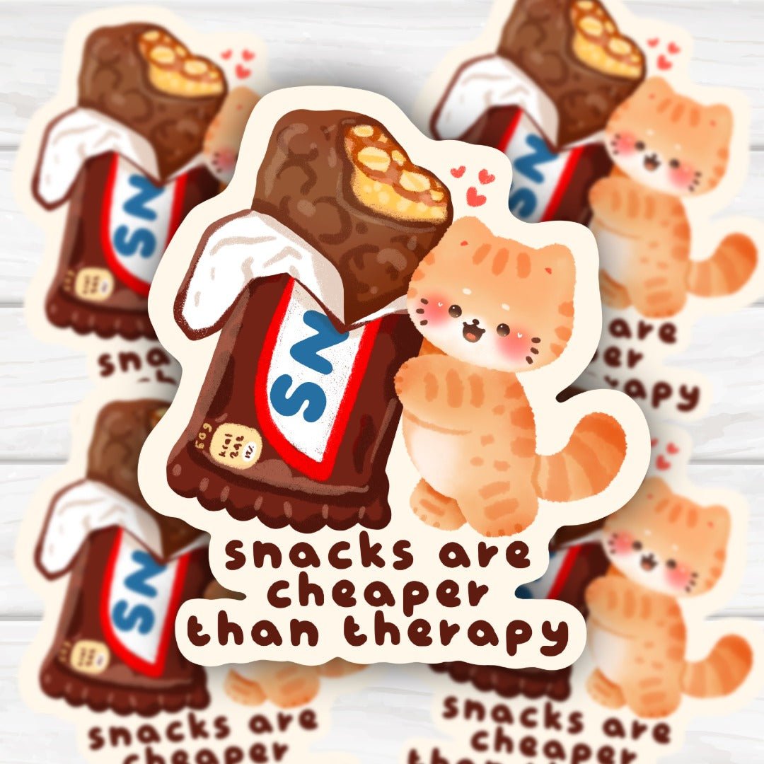 Snacks Are Cheaper Than Therapy Sticker - Cute Cat Chocolate Candy Bar Vinyl Decal - HoneySkunk