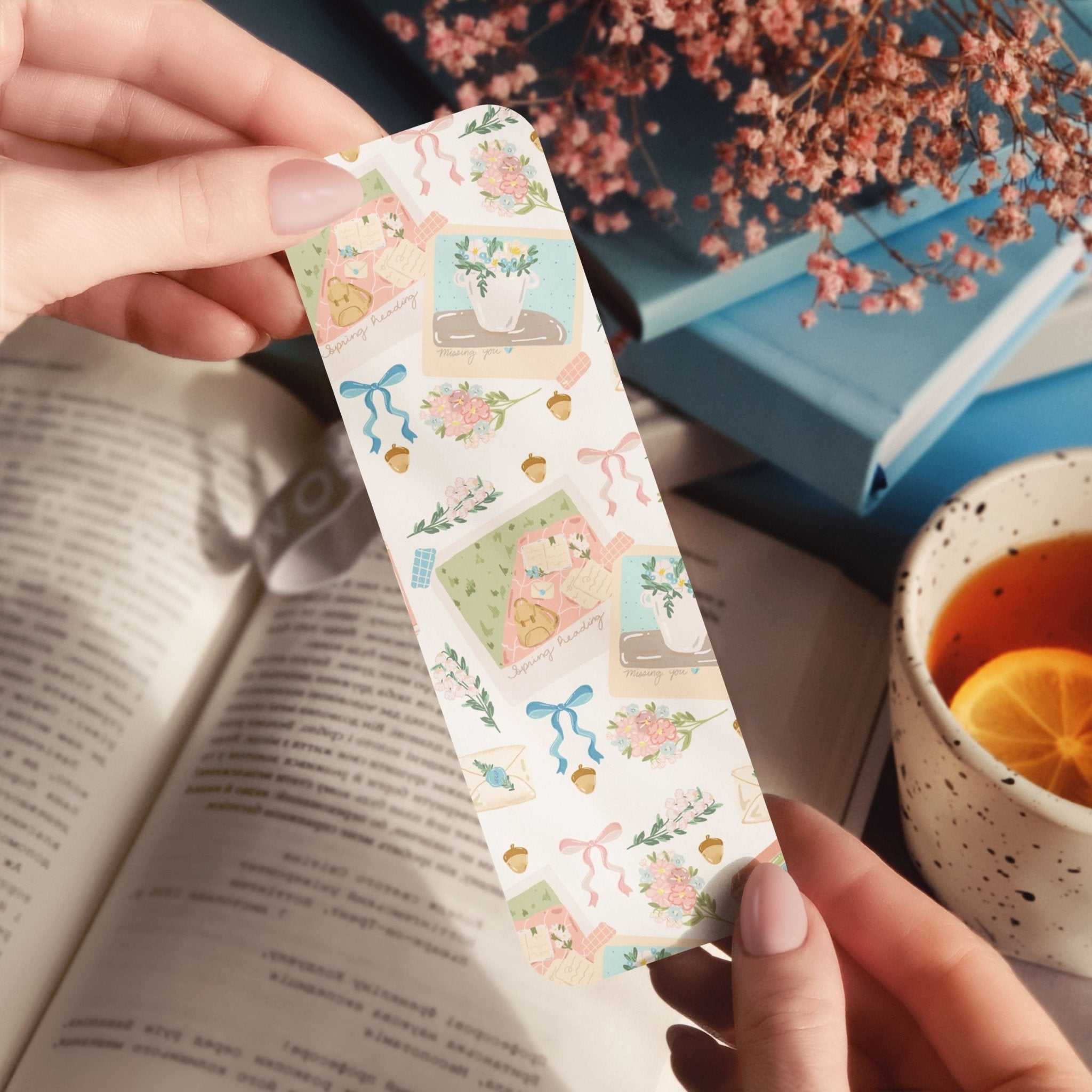 Spring acorns and wildflowers bookmark with cottage core floral design and whimsical bows