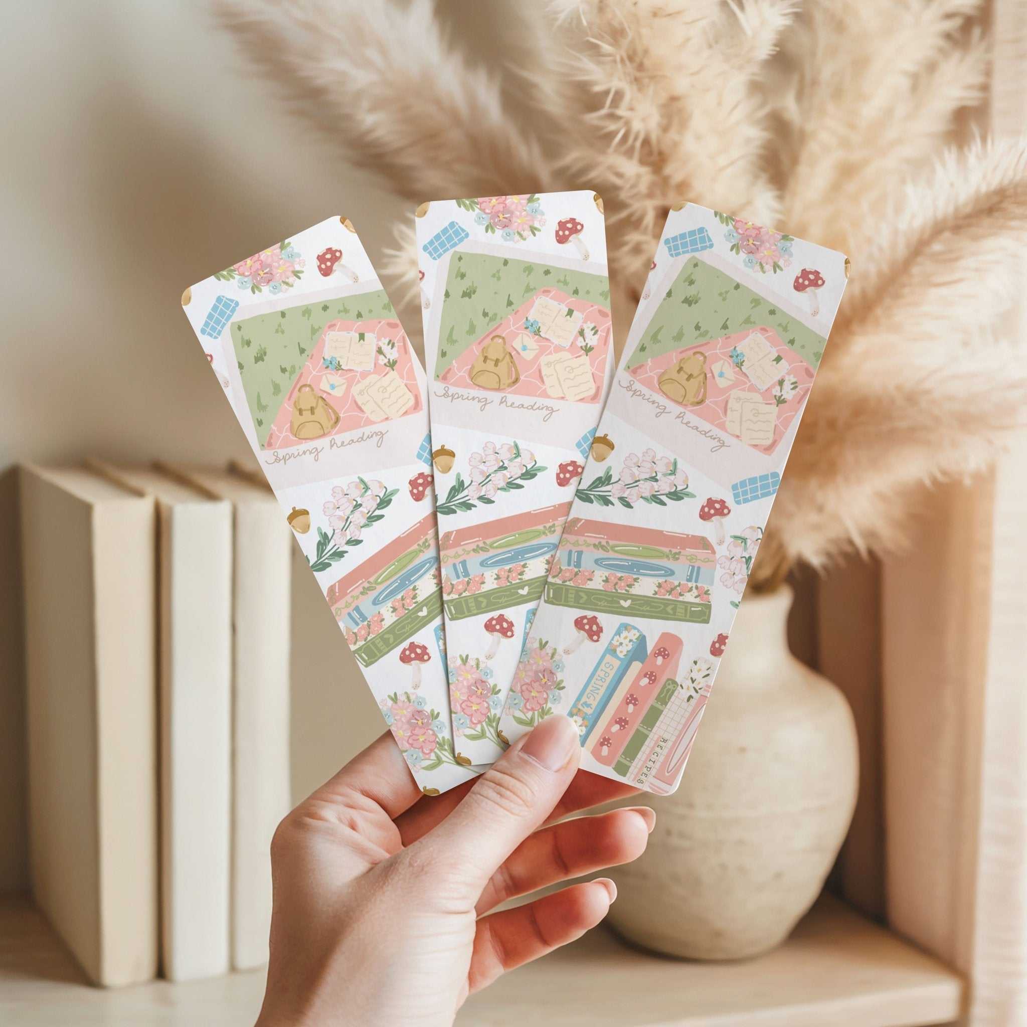 Spring mushrooms and wildflowers bookmark with cottage core artwork and botanical florals
