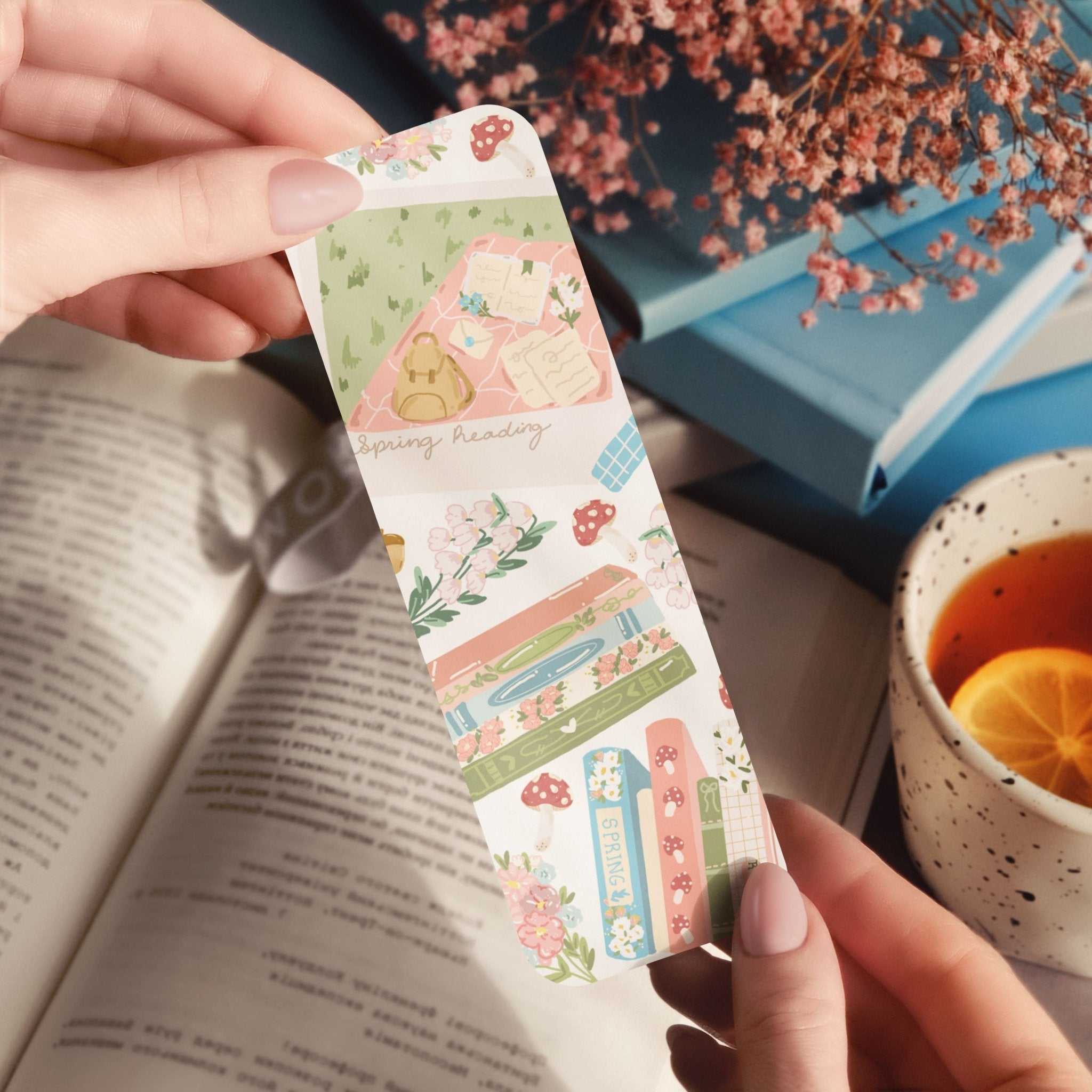 Spring mushrooms and wildflowers bookmark with whimsical cottage core artwork