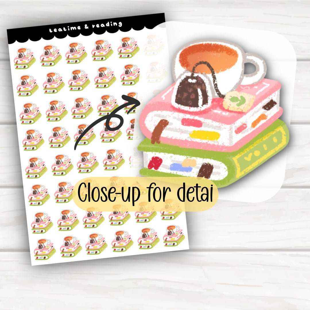 4x6 sticker sheet with stack of books and tea mug planner stickers