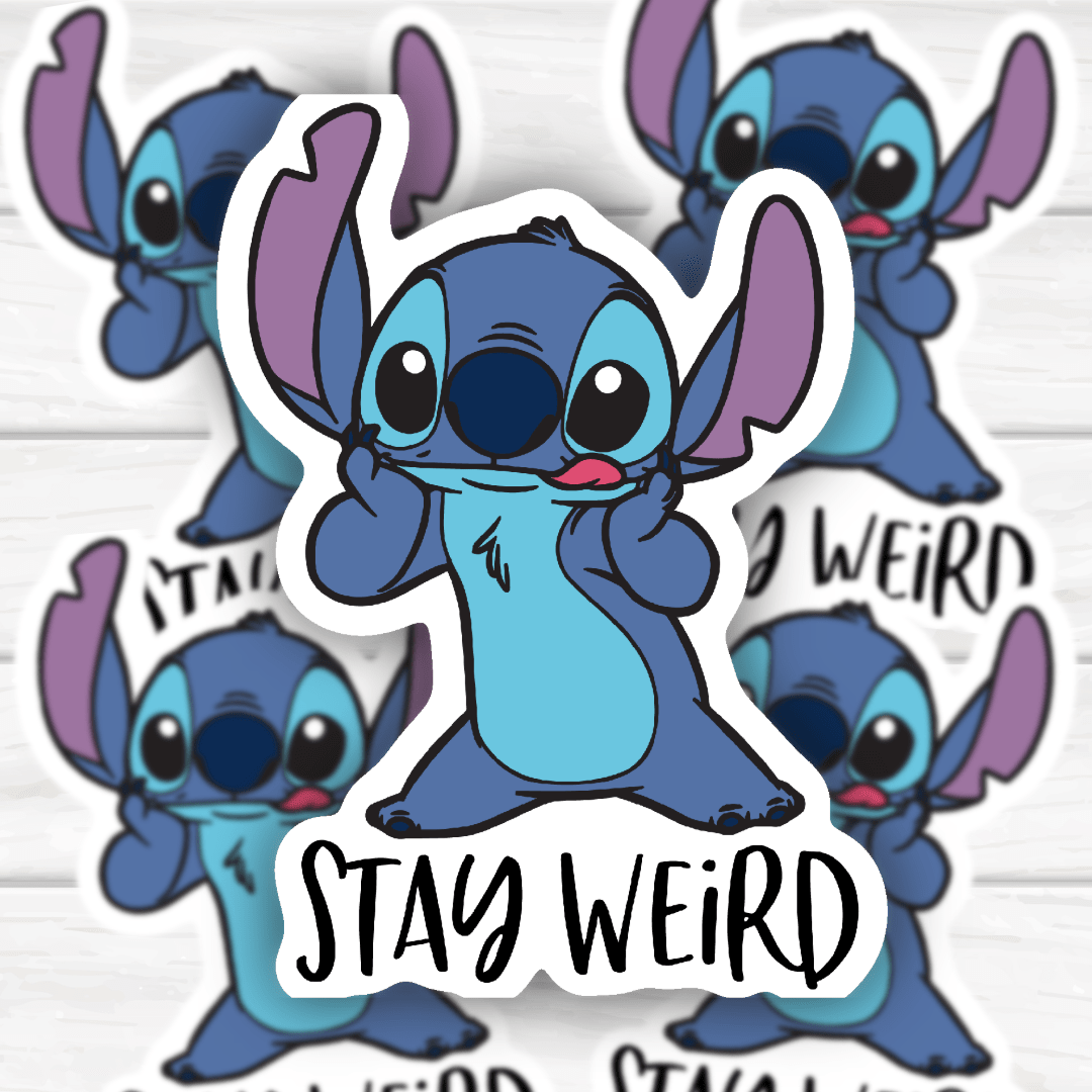 Stay Weird Stitch inspired sticker with bold, clean finish and durable design