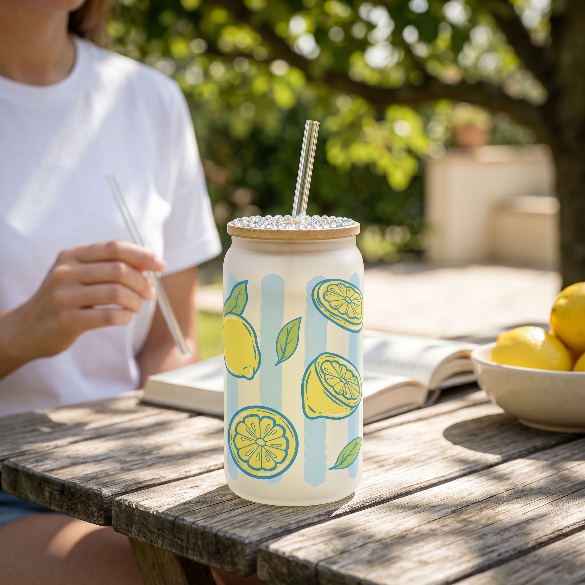 16oz glass beer can cup with lemon and blue stripe design on a wooden outdoor table under sunlight, casual summer vibe.