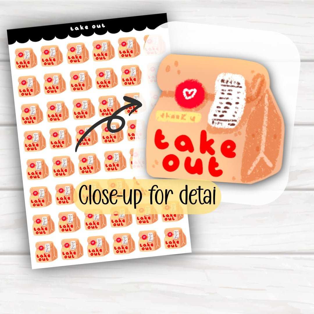 Take Out Bag planner sticker sheet with glossy and holographic finish options