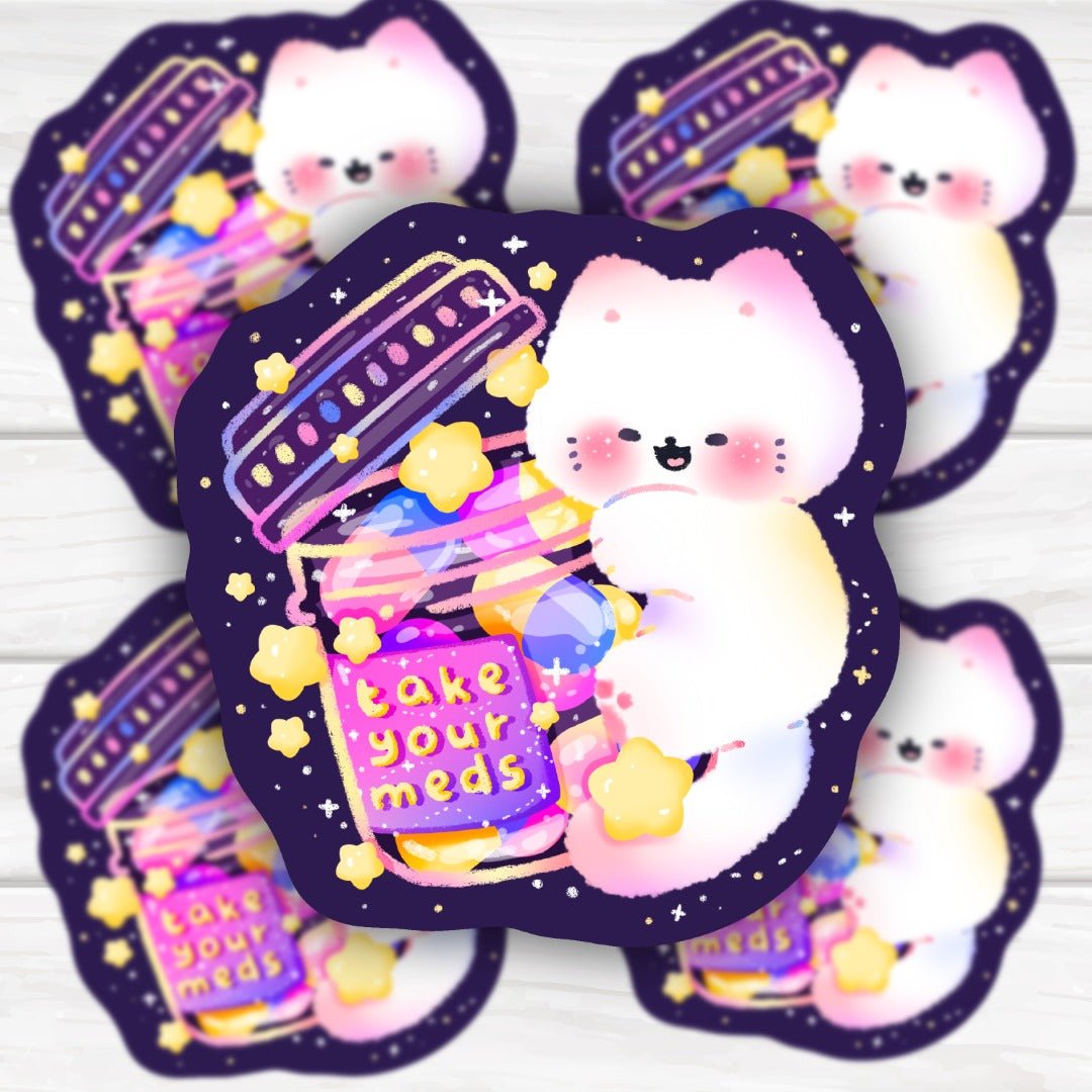 Take Your Meds Reminder Kawaii Cat and Stars Sticker - HoneySkunk