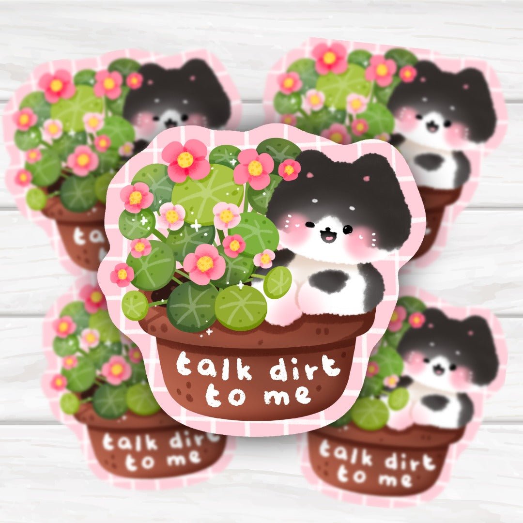 Talk Dirt To Me adorable Kawaii Cat and Chinese Money Plant Sticker - HoneySkunk